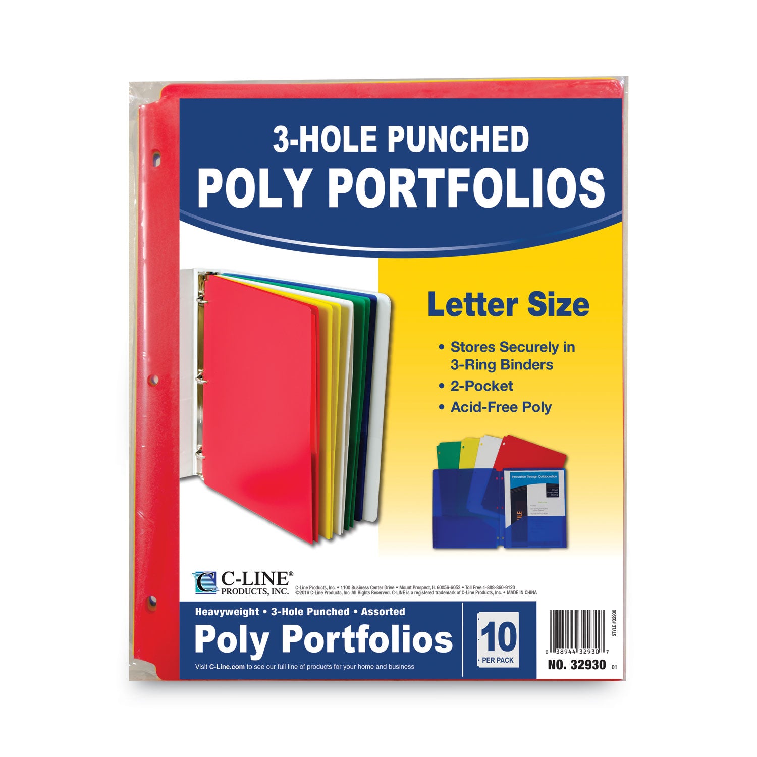Two-Pocket Heavyweight Poly Portfolio Folder, 3-Hole Punch, 11 x 8.5, Assorted, 10/Pack
