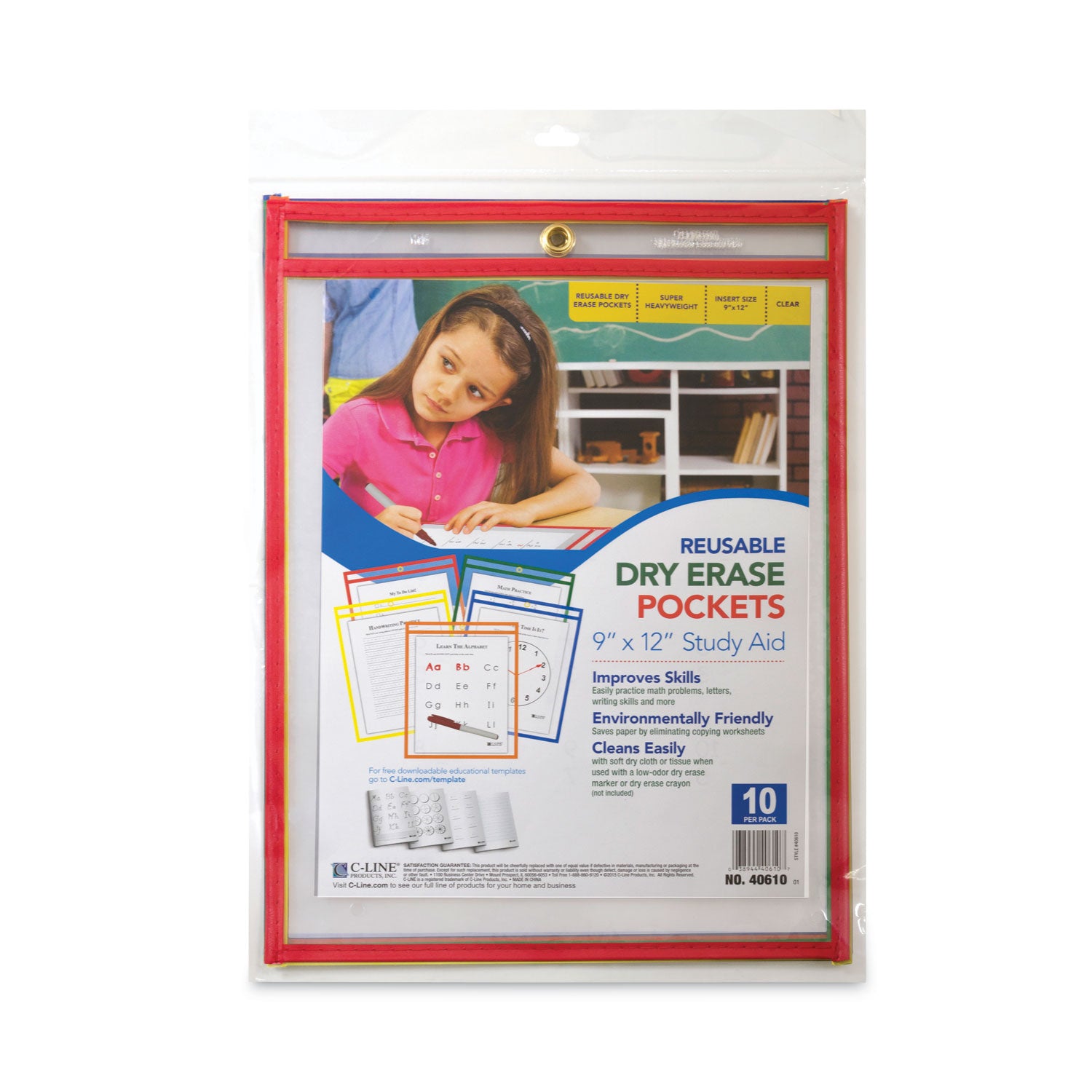 Reusable Dry Erase Pockets, 9 x 12, Assorted Primary Colors, 10/Pack - 