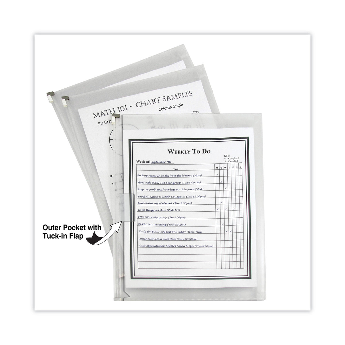 Zip 'N Go Reusable Envelope with Outer Pocket, 1" Capacity, 2 Sections, 10 x 13, Clear, 3/Pack