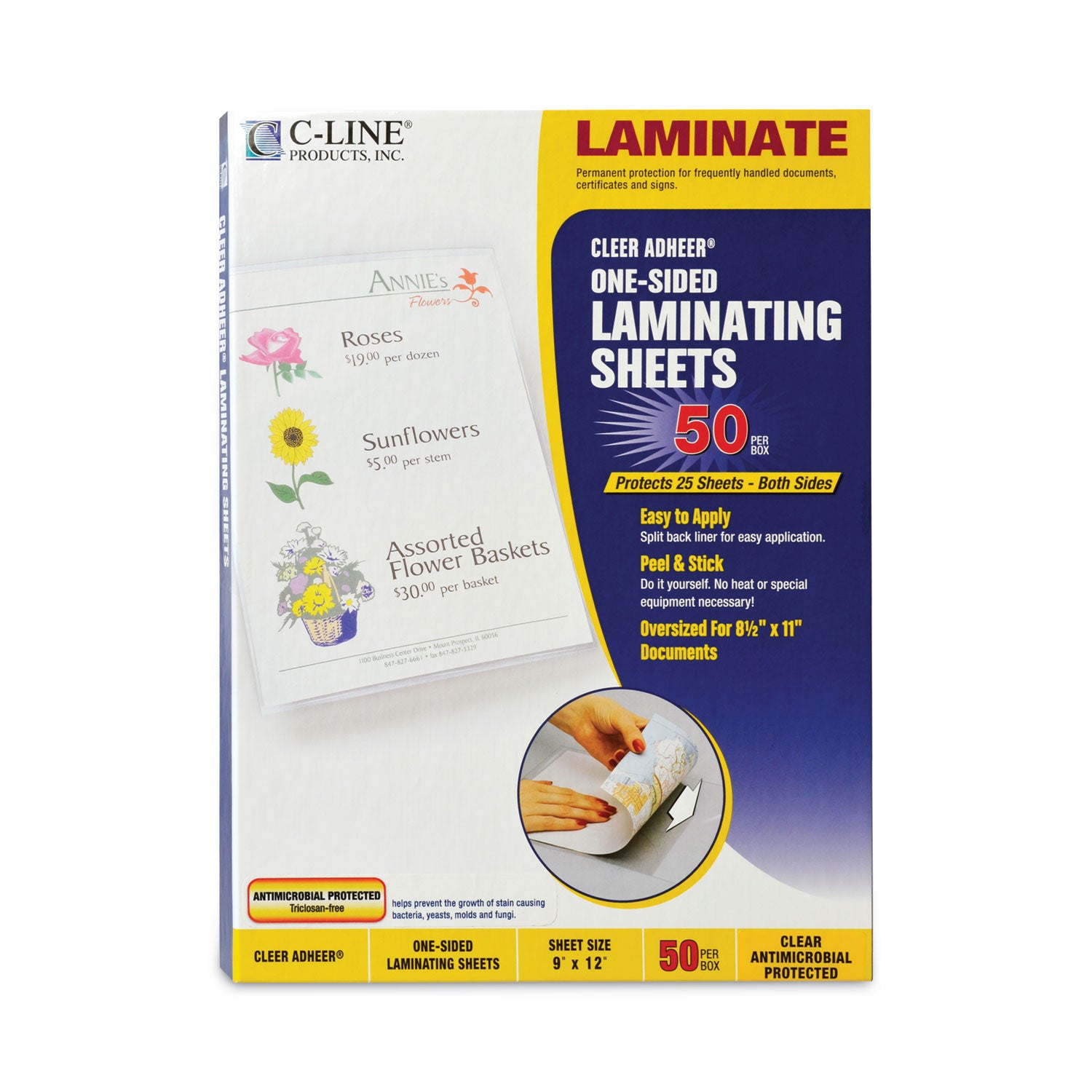 Cleer Adheer Self-Adhesive Laminating Film, 3 mil, 9" x 12", Gloss Clear, 50/Box - 