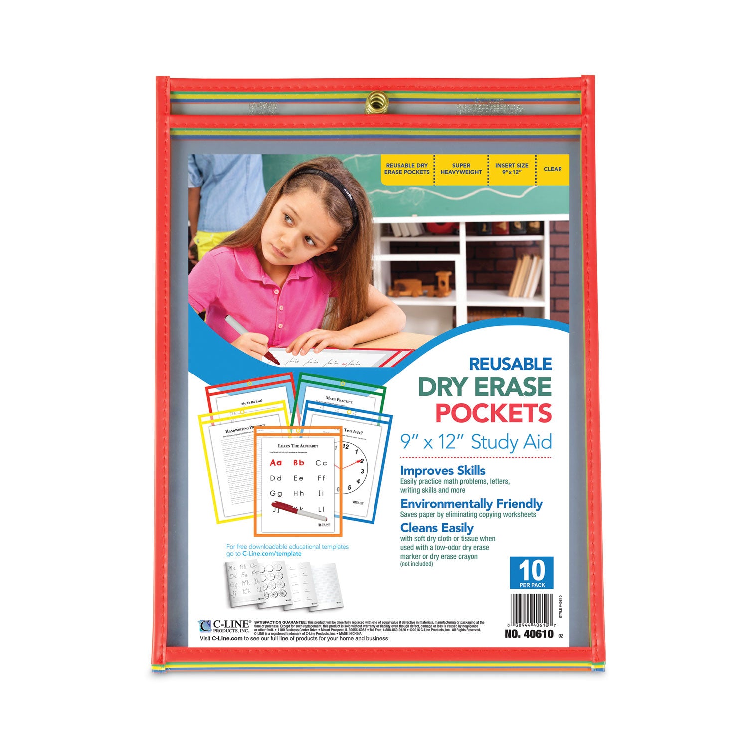 Reusable Dry Erase Pockets, 9 x 12, Assorted Primary Colors, 10/Pack