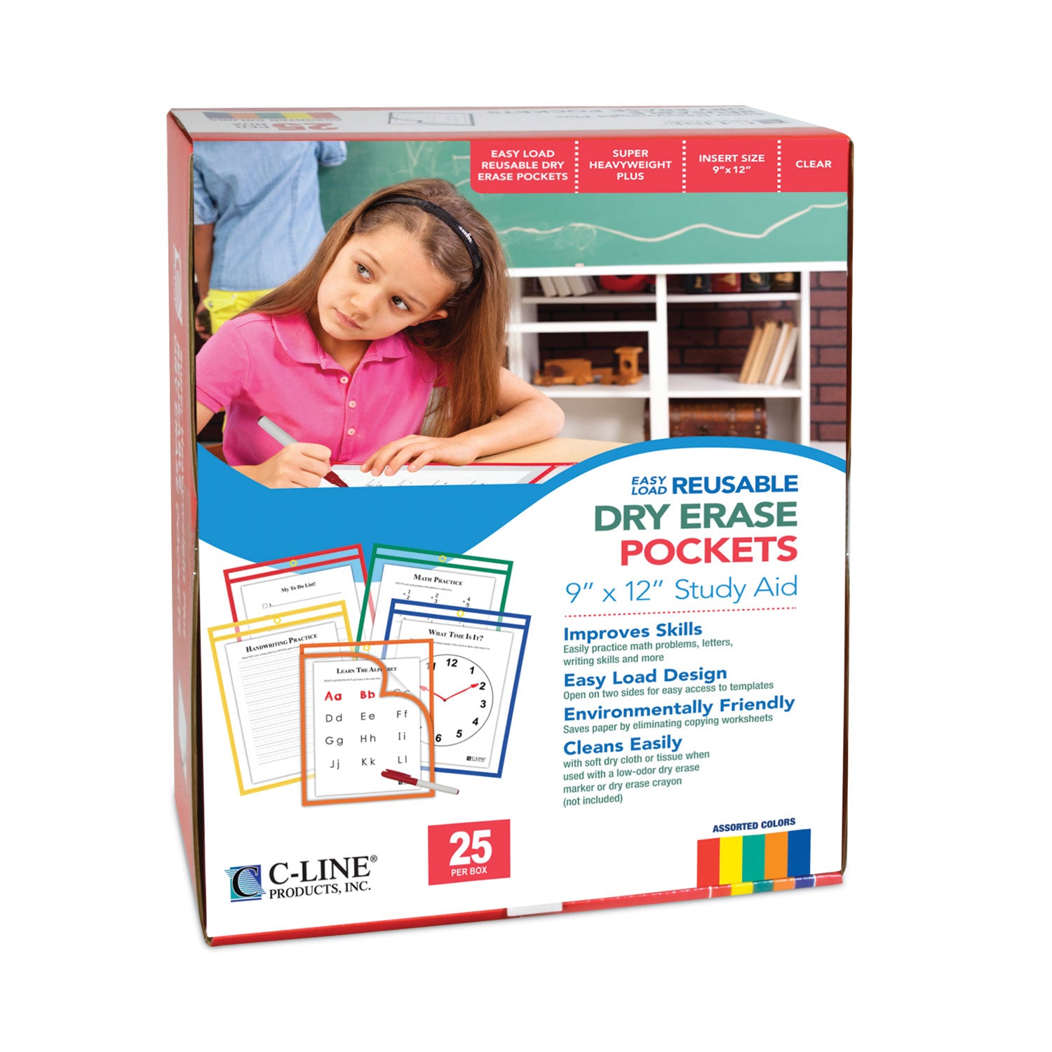 reusable-dry-erase-pockets-easy-load-9-x-12-assorted-primary-colors-25-pack_cli42620 - 2