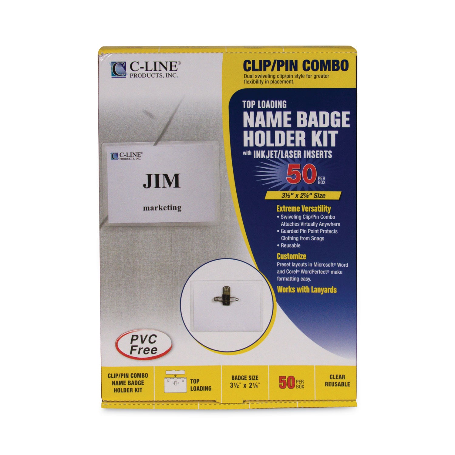 Name Badge Kits, Top Load, 3 1/2 x 2 1/4, Clear, Combo Clip/Pin, 50/Box