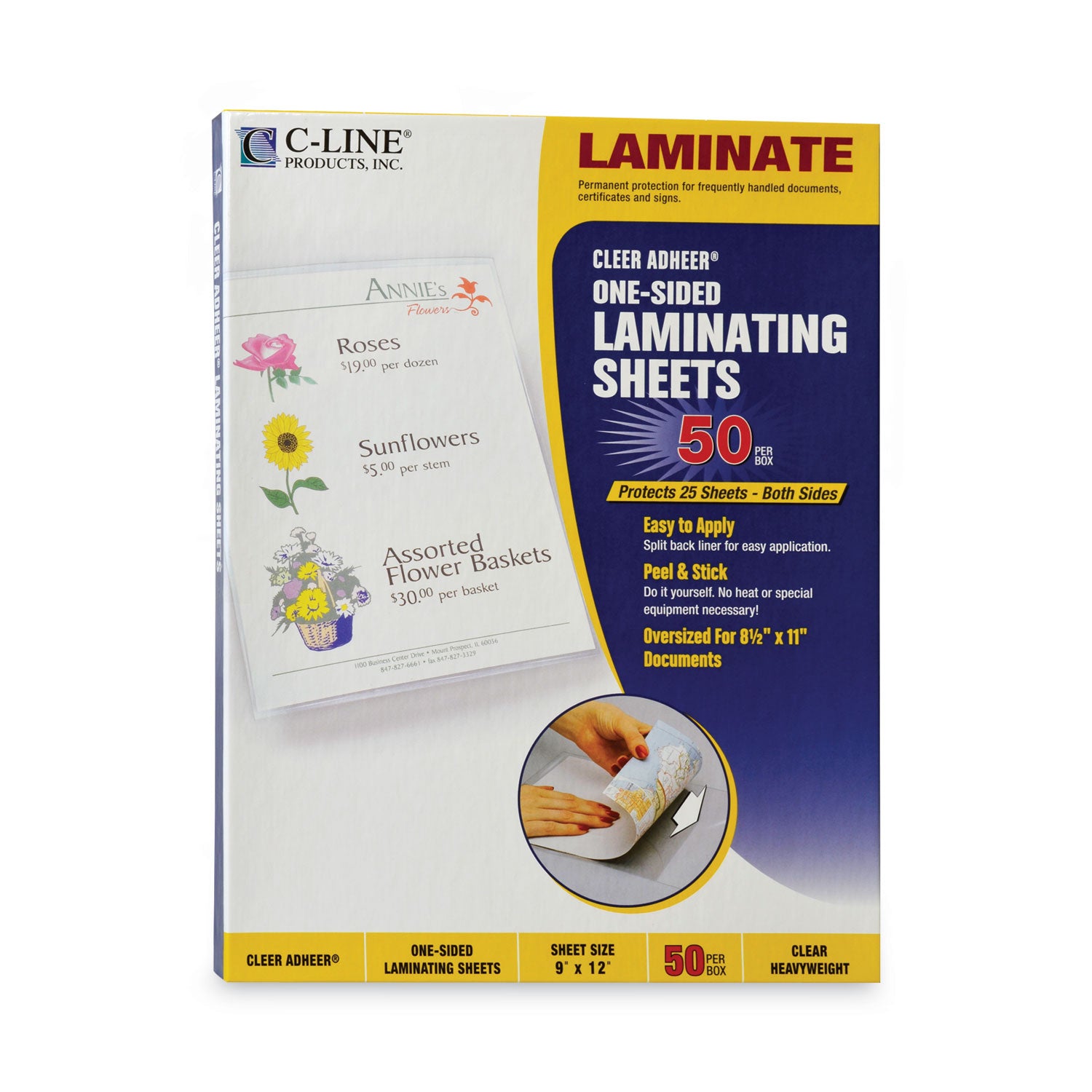 Cleer Adheer Self-Adhesive Laminating Film, 2 mil, 9" x 12", Gloss Clear, 50/Box - 