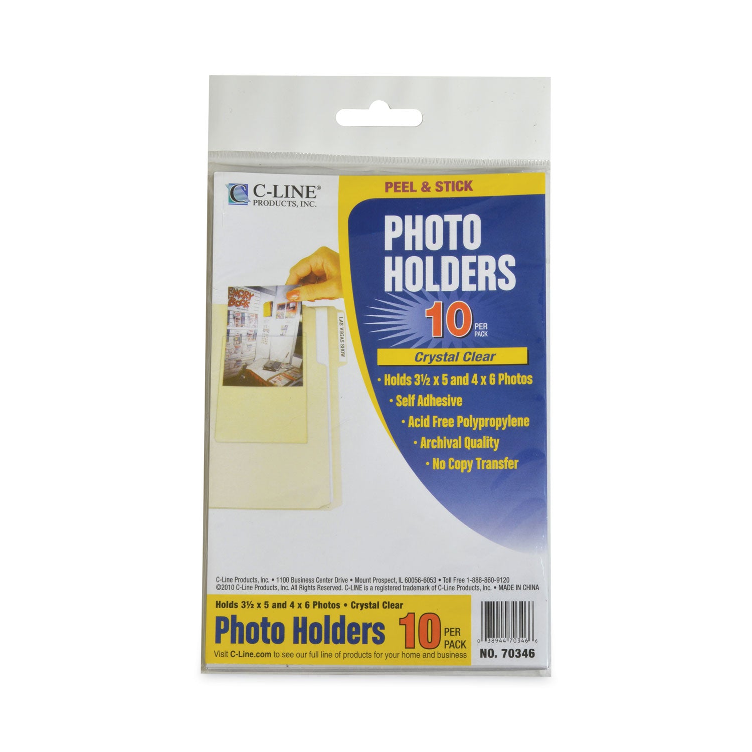 Peel and Stick Photo Holders, 4.38 x 6.5, Clear, 10/Pack - 