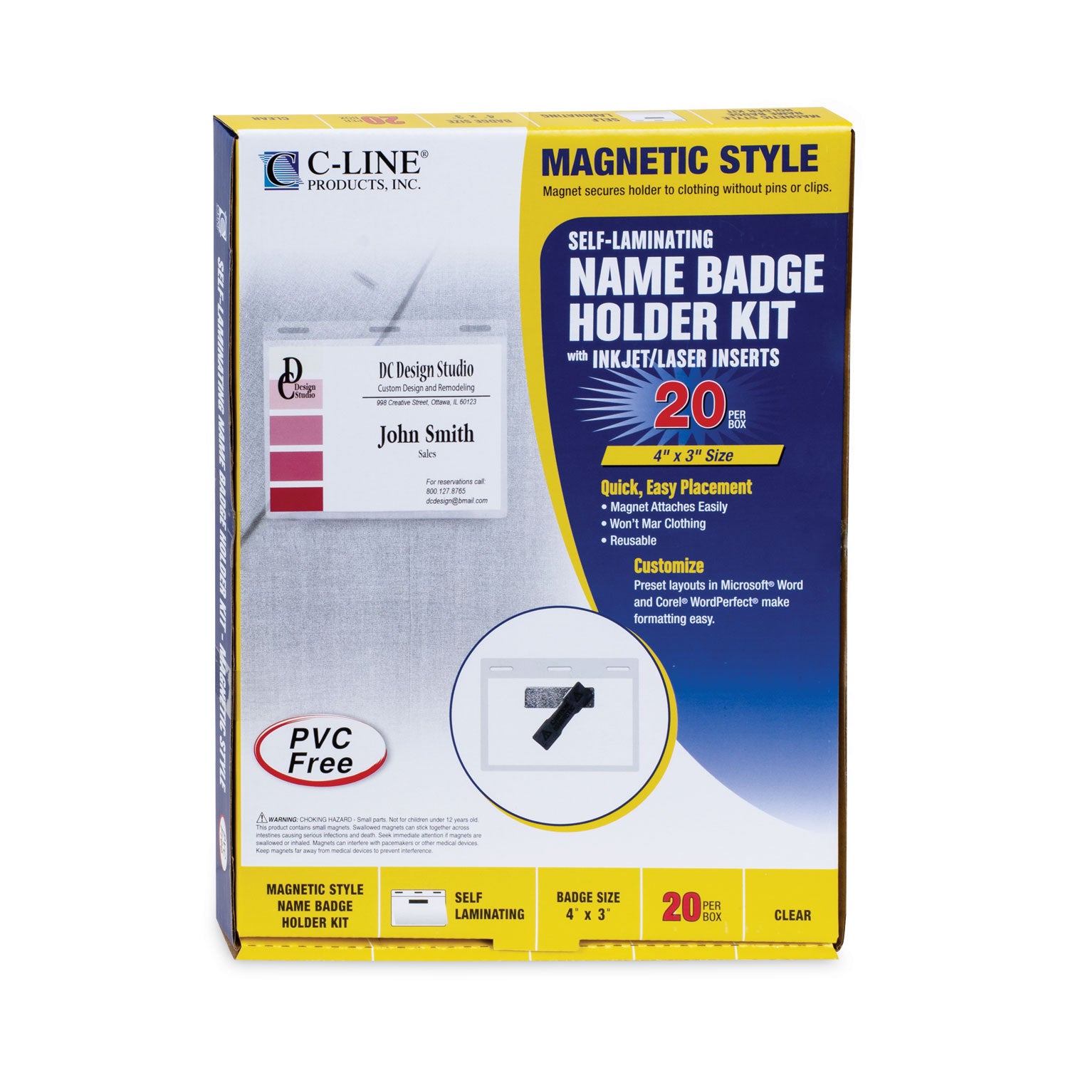 Self-Laminating Magnetic Style Name Badge Holder Kit, 3" x 4", Clear, 20/Box