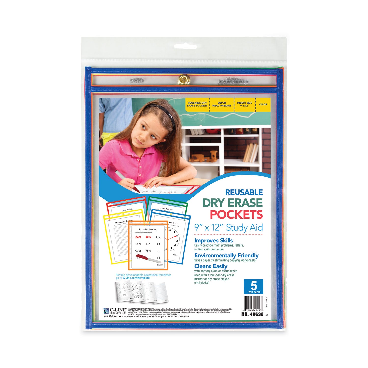 Reusable Dry Erase Pockets, 9 x 12, Assorted Primary Colors, 5/Pack - 