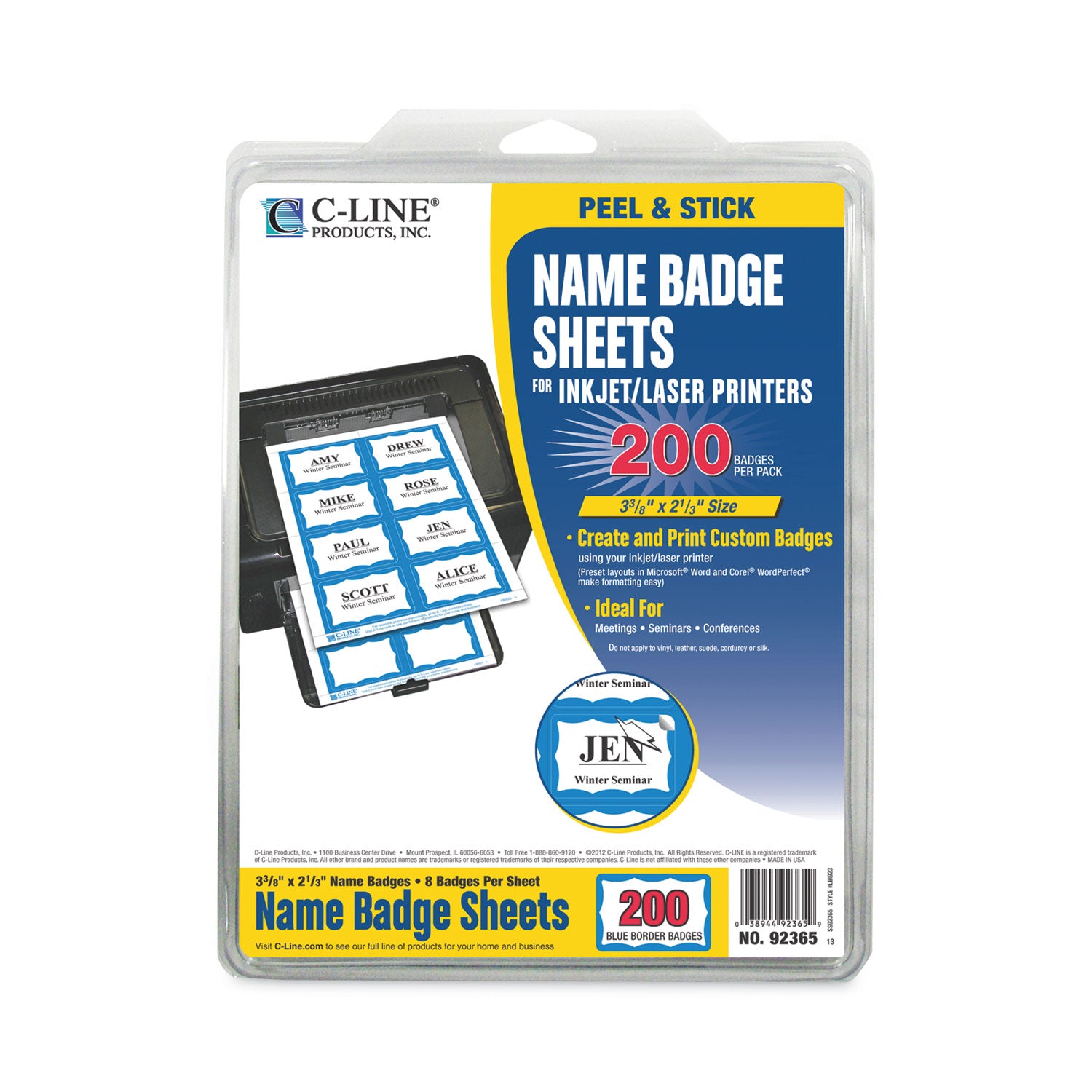 Laser Printer Name Badges, 3 3/8 x 2 1/3, White/Blue, 200/Box - 