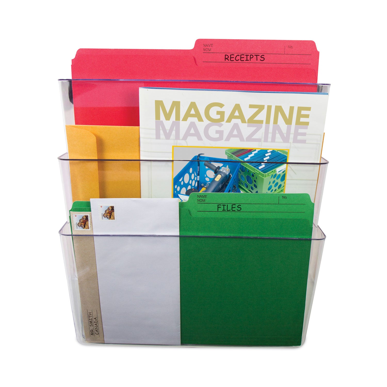 Wall File, 3 Sections, Letter Size, 13" x 4" x 14", Clear, 3/Set - 
