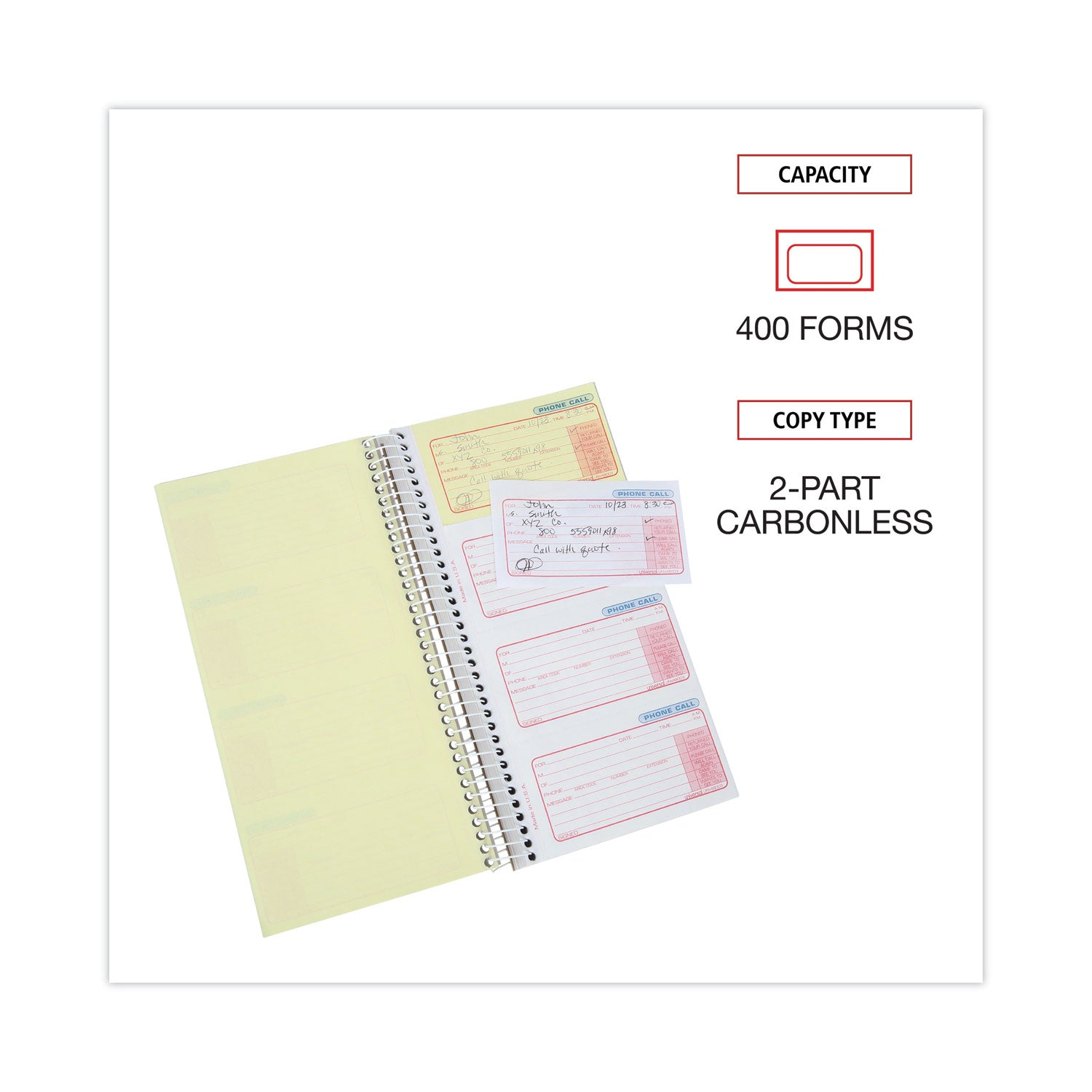 Wirebound Message Books, Two-Part Carbonless, 5 x 2.75, 4 Forms/Sheet, 400 Forms Total - 