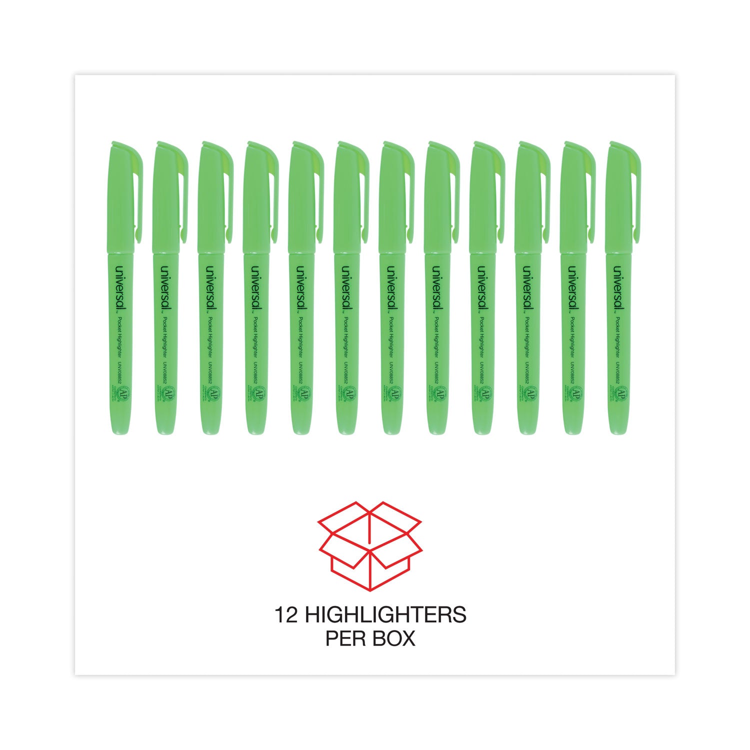 Pocket Highlighters, Fluorescent Green Ink, Chisel Tip, Green Barrel, Dozen
