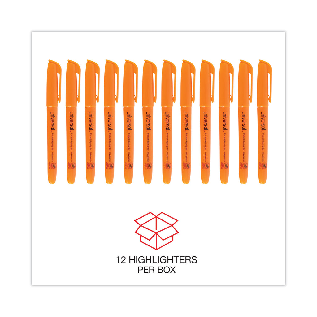 Pocket Highlighters, Fluorescent Orange Ink, Chisel Tip, Orange Barrel, Dozen