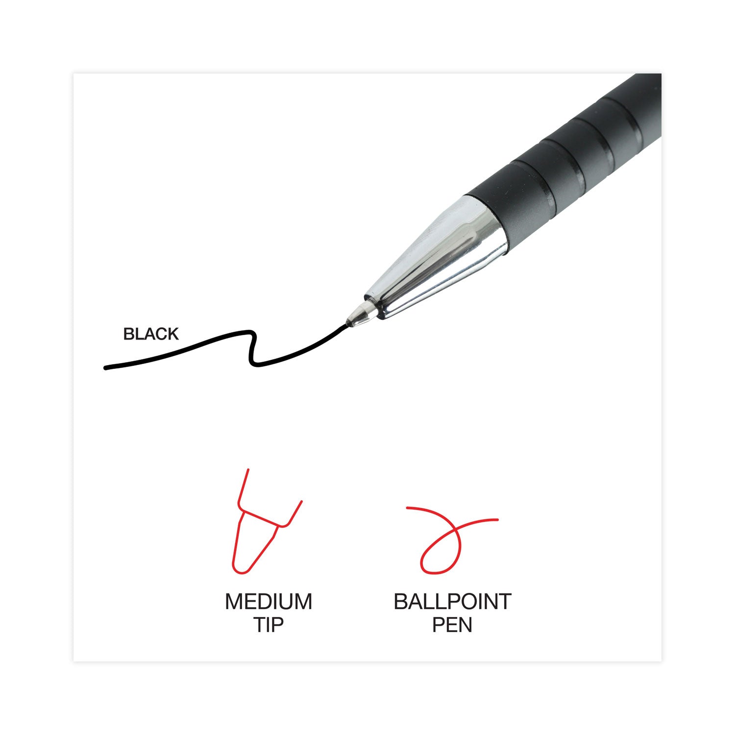 Ballpoint Pen, Retractable, Medium 1 mm, Black Ink, Black Barrel, Dozen - 