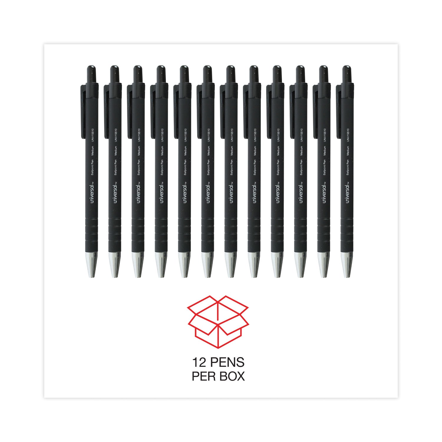 Ballpoint Pen, Retractable, Medium 1 mm, Black Ink, Black Barrel, Dozen - 