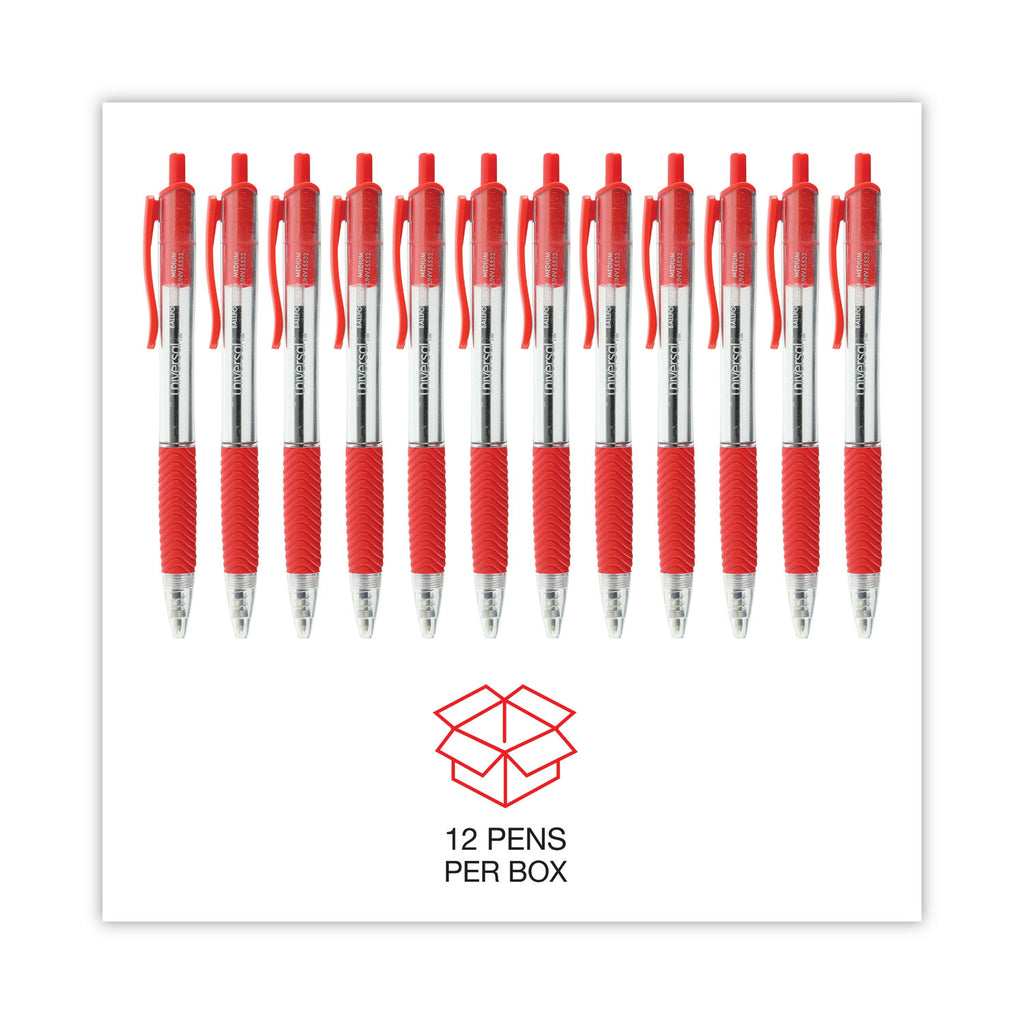 Comfort Grip Ballpoint Pen, Retractable, Medium 1 mm, Red Ink, Clear/Red Barrel, Dozen