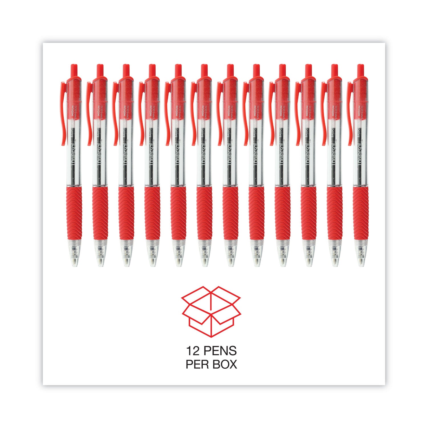 Comfort Grip Ballpoint Pen, Retractable, Medium 1 mm, Red Ink, Clear/Red Barrel, Dozen