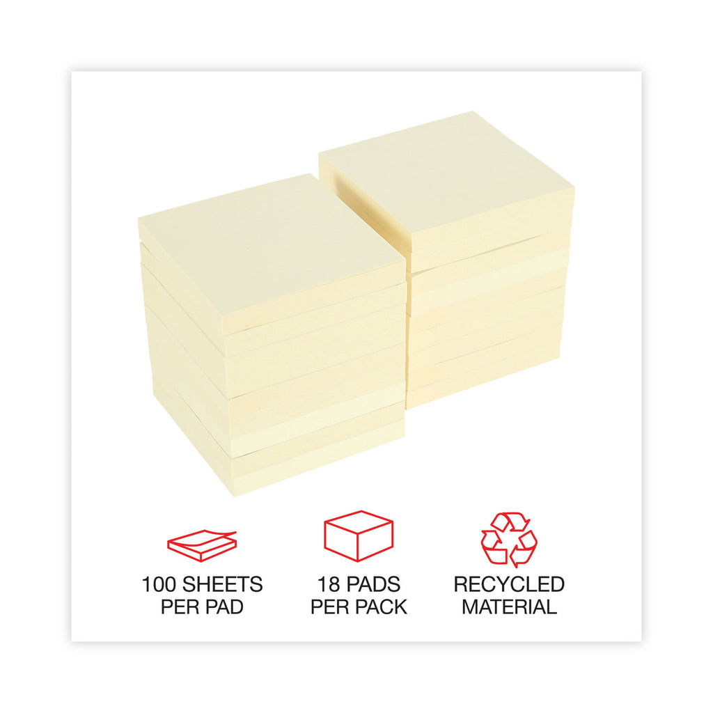 Recycled Self-Stick Note Pads, 3" x 3", Yellow, 100 Sheets/Pad, 18 Pads/Pack - 