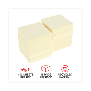 Recycled Self-Stick Note Pads, 3" x 3", Yellow, 100 Sheets/Pad, 18 Pads/Pack - 