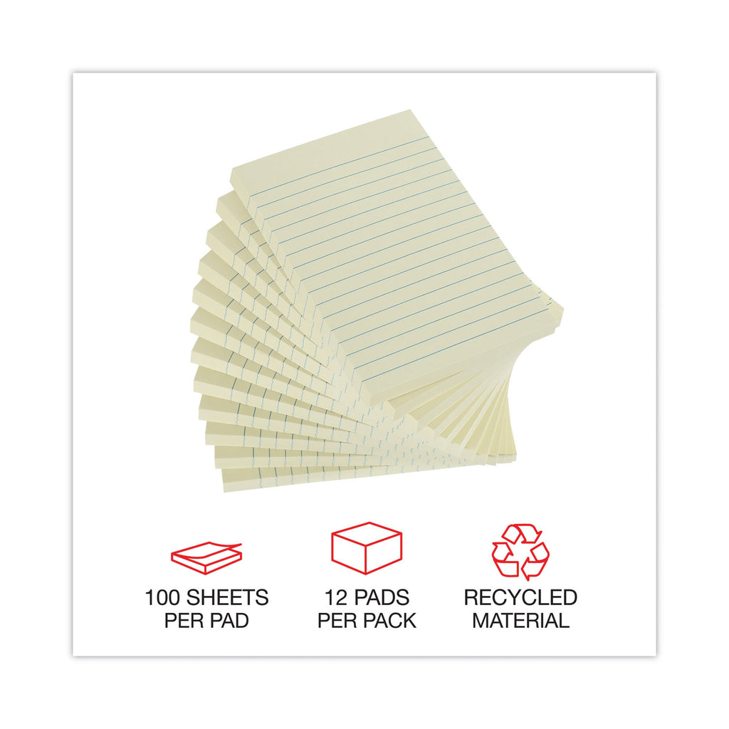 Recycled Self-Stick Note Pads, Note Ruled, 4" x 6", Yellow, 100 Sheets/Pad, 12 Pads/Pack - 