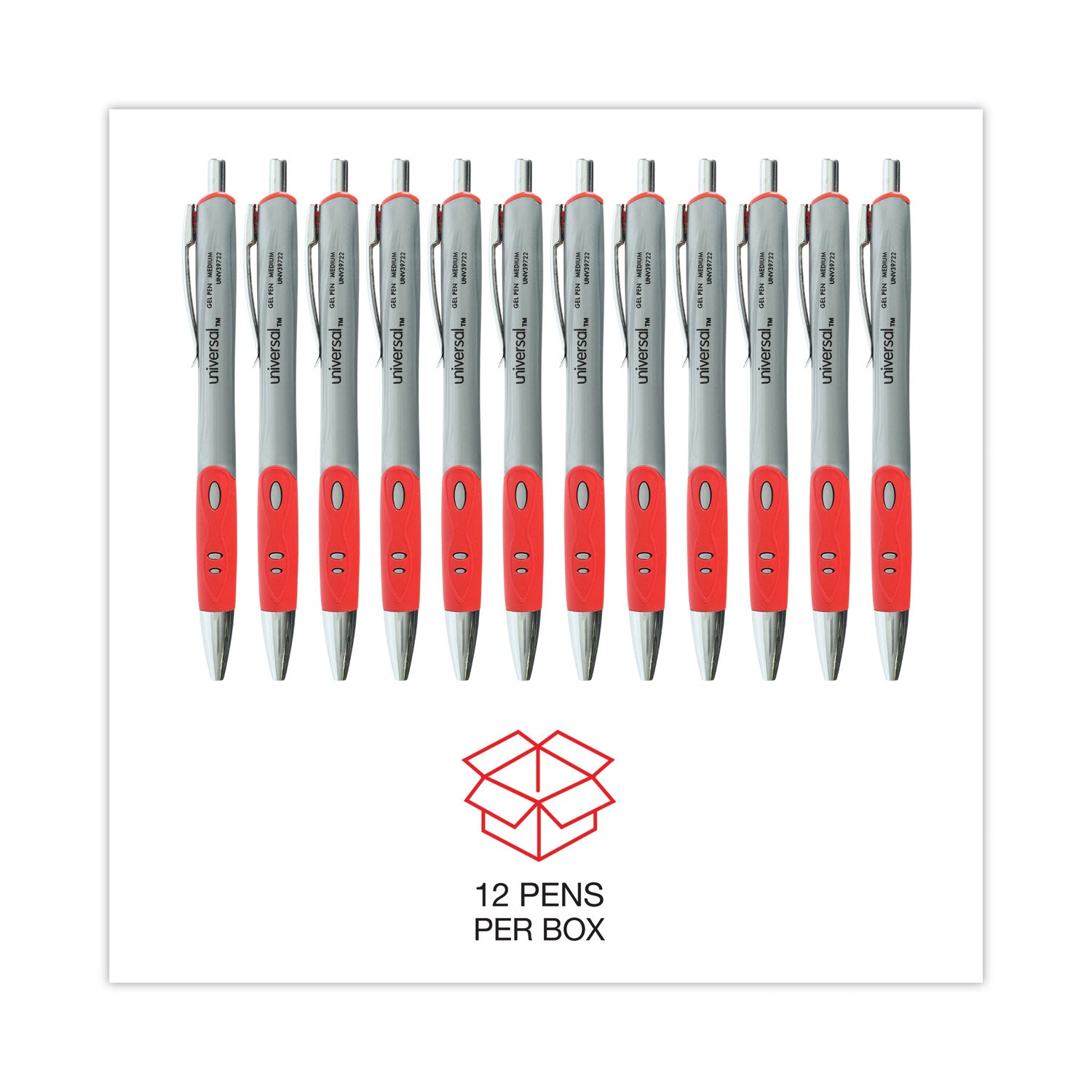 Comfort Grip Gel Pen, Retractable, Medium 0.7 mm, Red Ink, Gray/Red/Silver Barrel, Dozen