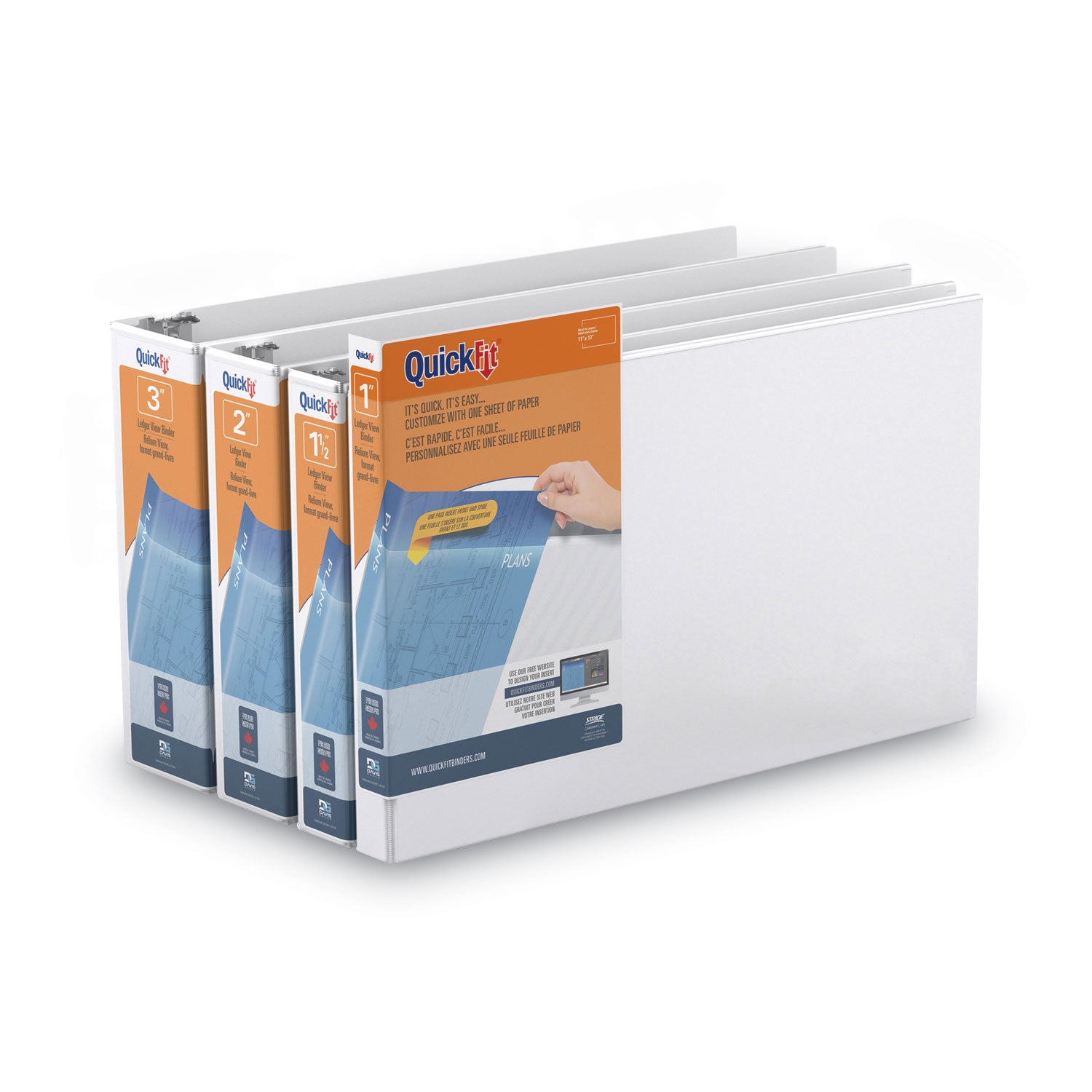 QuickFit Ledger D-Ring View Binder, 3 Rings, 3" Capacity, 11 x 17, White - 