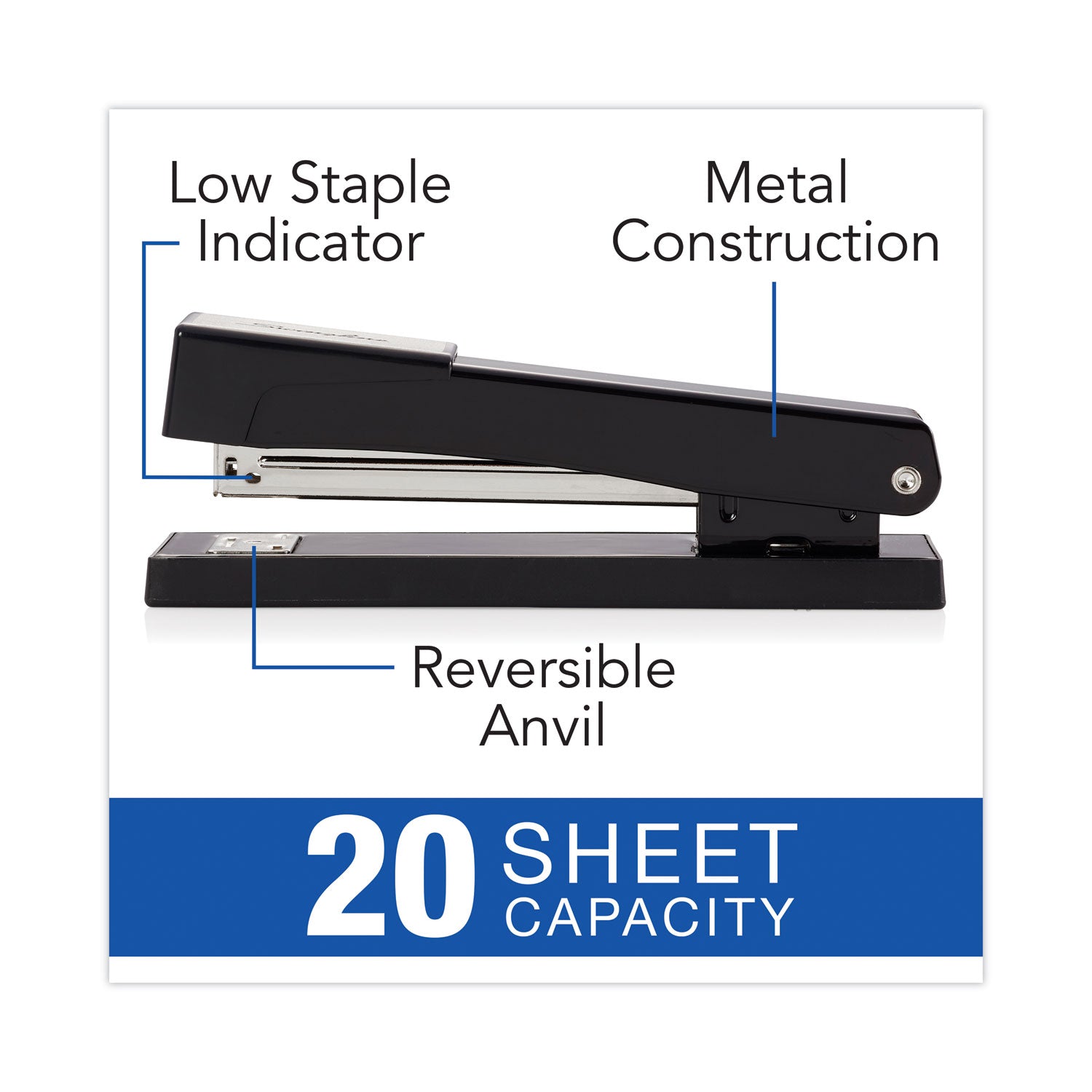 Light-Duty Full Strip Standard Stapler, 20-Sheet Capacity, Black - 