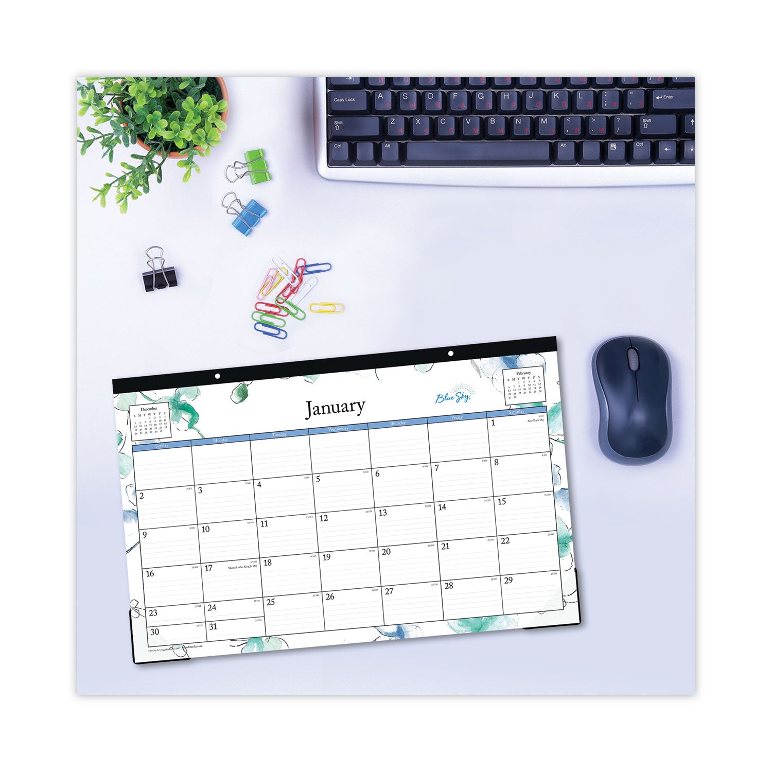 Lindley Desk Pad, Floral Artwork, 17 x 11, White/Blue/Green Sheets, Black Binding, Clear Corners, 12-Month (Jan-Dec): 2024