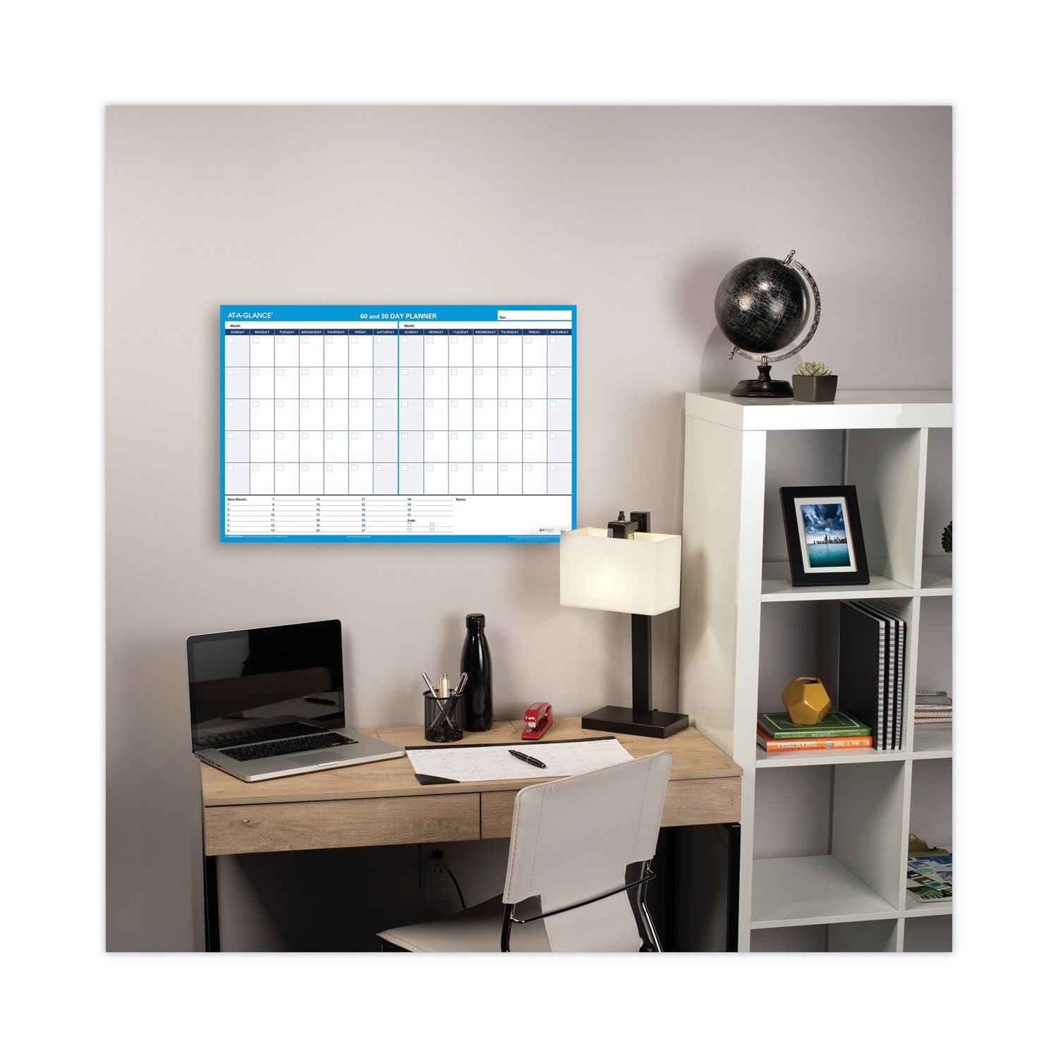 30/60-Day Undated Horizontal Erasable Wall Planner, 36 x 24, White/Blue Sheets, Undated - 