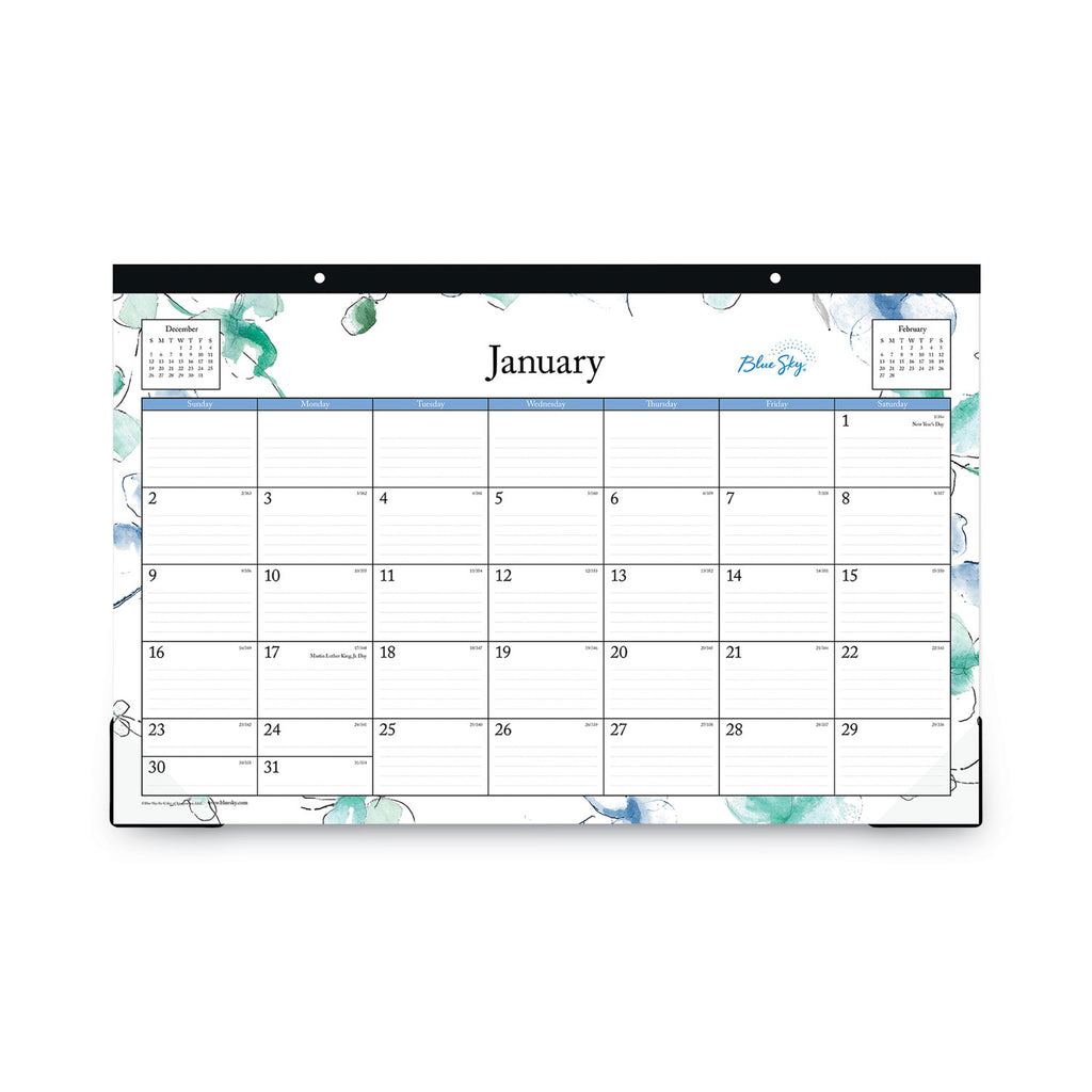 Lindley Desk Pad, Floral Artwork, 17 x 11, White/Blue/Green Sheets, Black Binding, Clear Corners, 12-Month (Jan-Dec): 2024