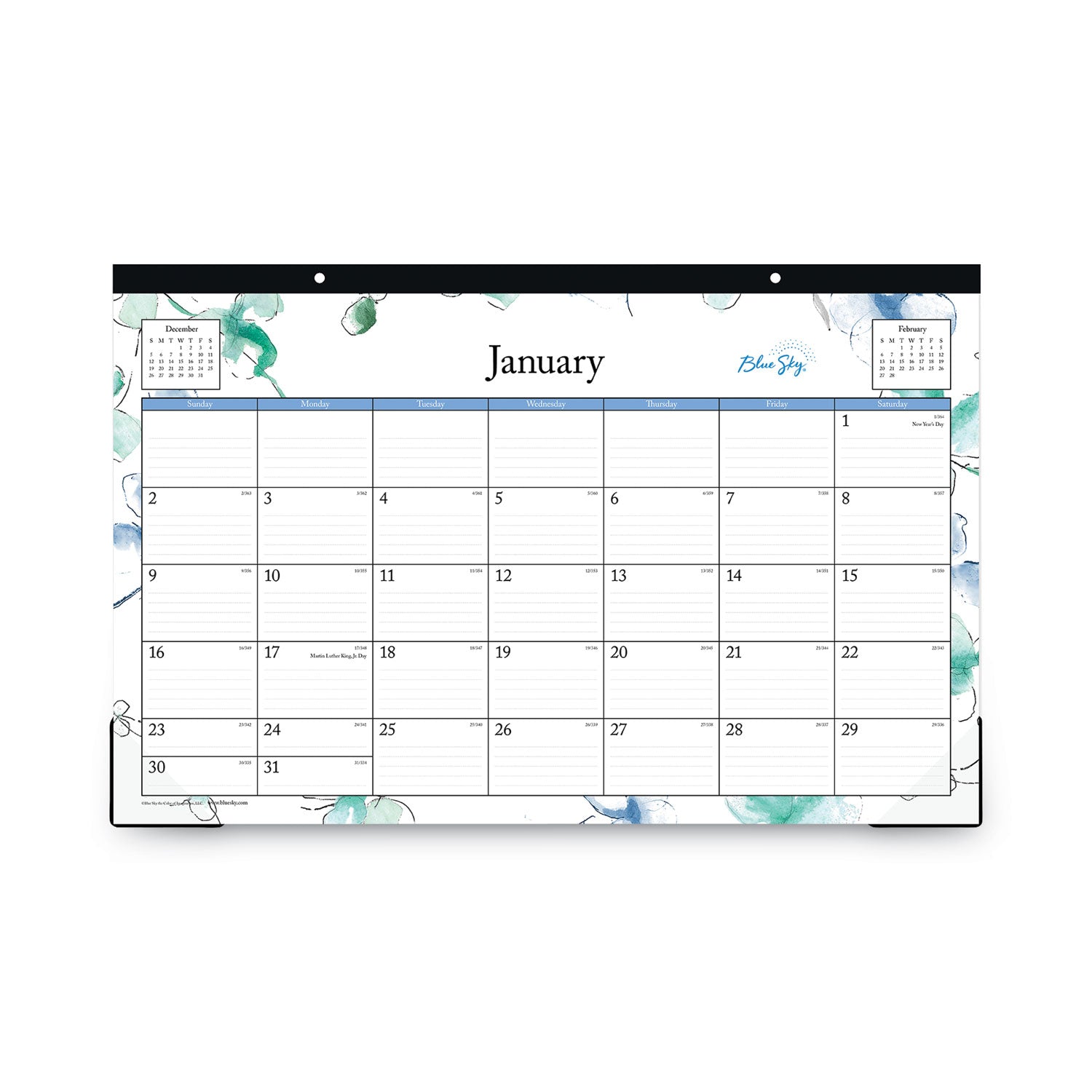 lindley-desk-pad-floral-artwork-17-x-11-white-blue-green-sheets-black-binding-clear-corners-12-month-jan-dec-2024_bls100024 - 2