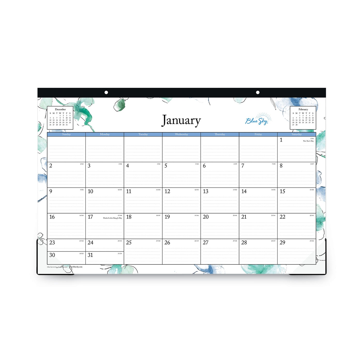Lindley Desk Pad, Floral Artwork, 17 x 11, White/Blue/Green Sheets, Black Binding, Clear Corners, 12-Month (Jan-Dec): 2024