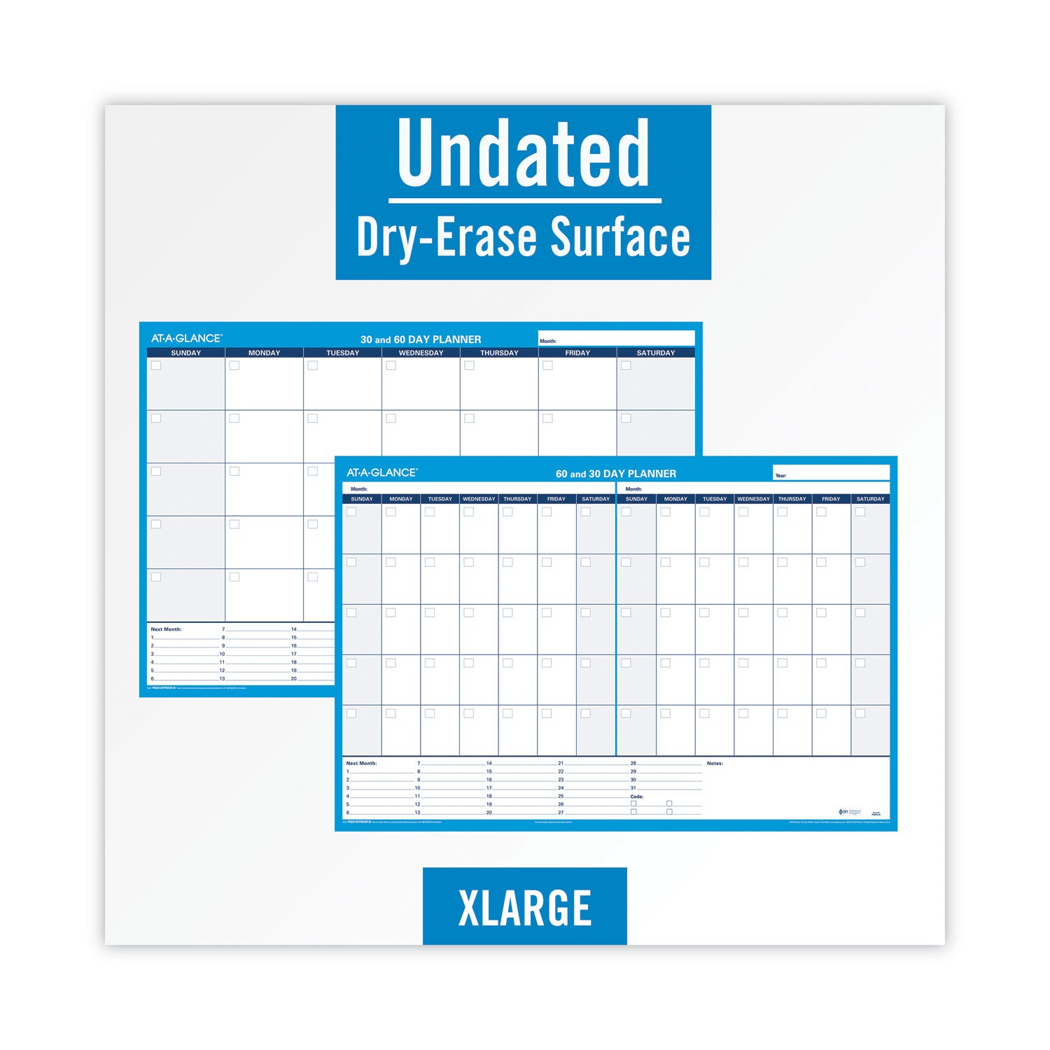 30/60-Day Undated Horizontal Erasable Wall Planner, 36 x 24, White/Blue Sheets, Undated - 