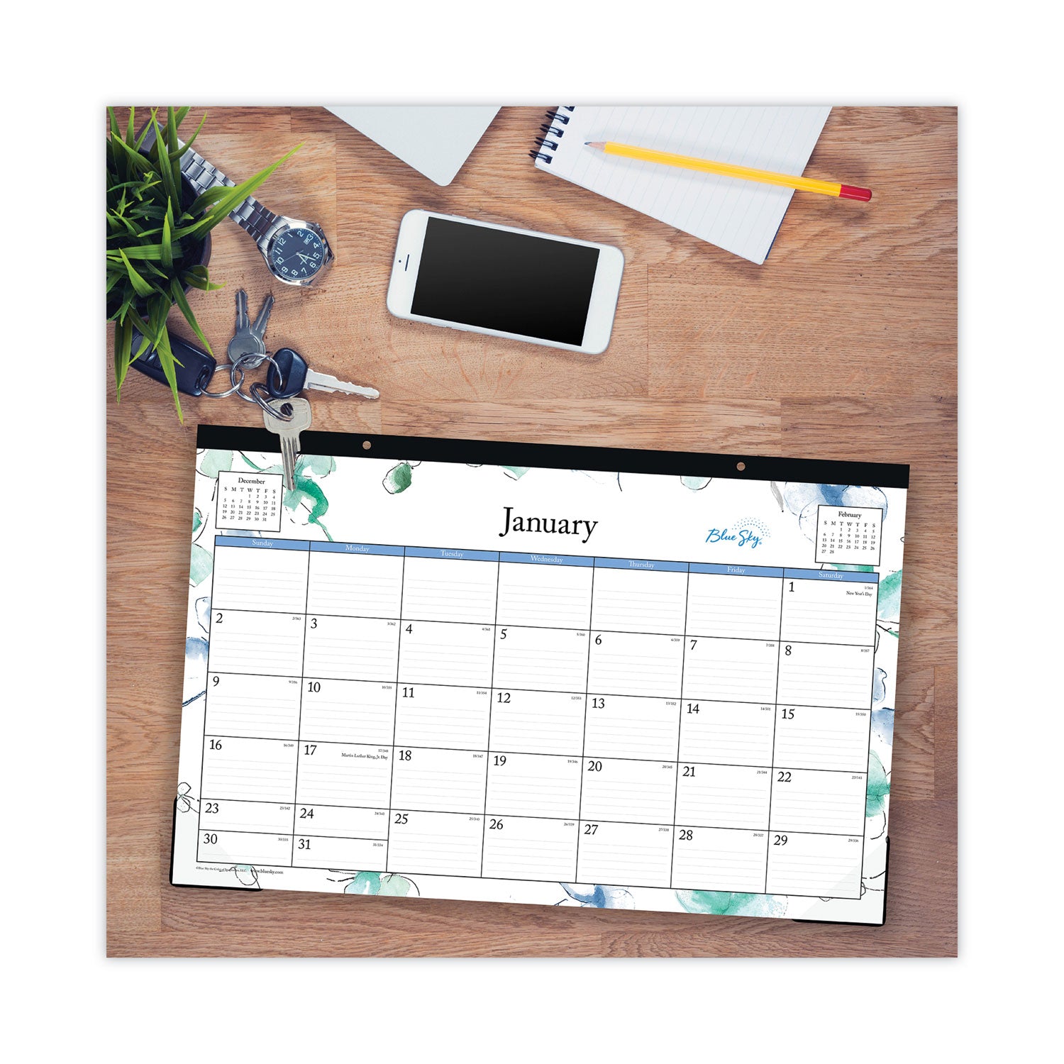 Lindley Desk Pad, Floral Artwork, 17 x 11, White/Blue/Green Sheets, Black Binding, Clear Corners, 12-Month (Jan-Dec): 2024