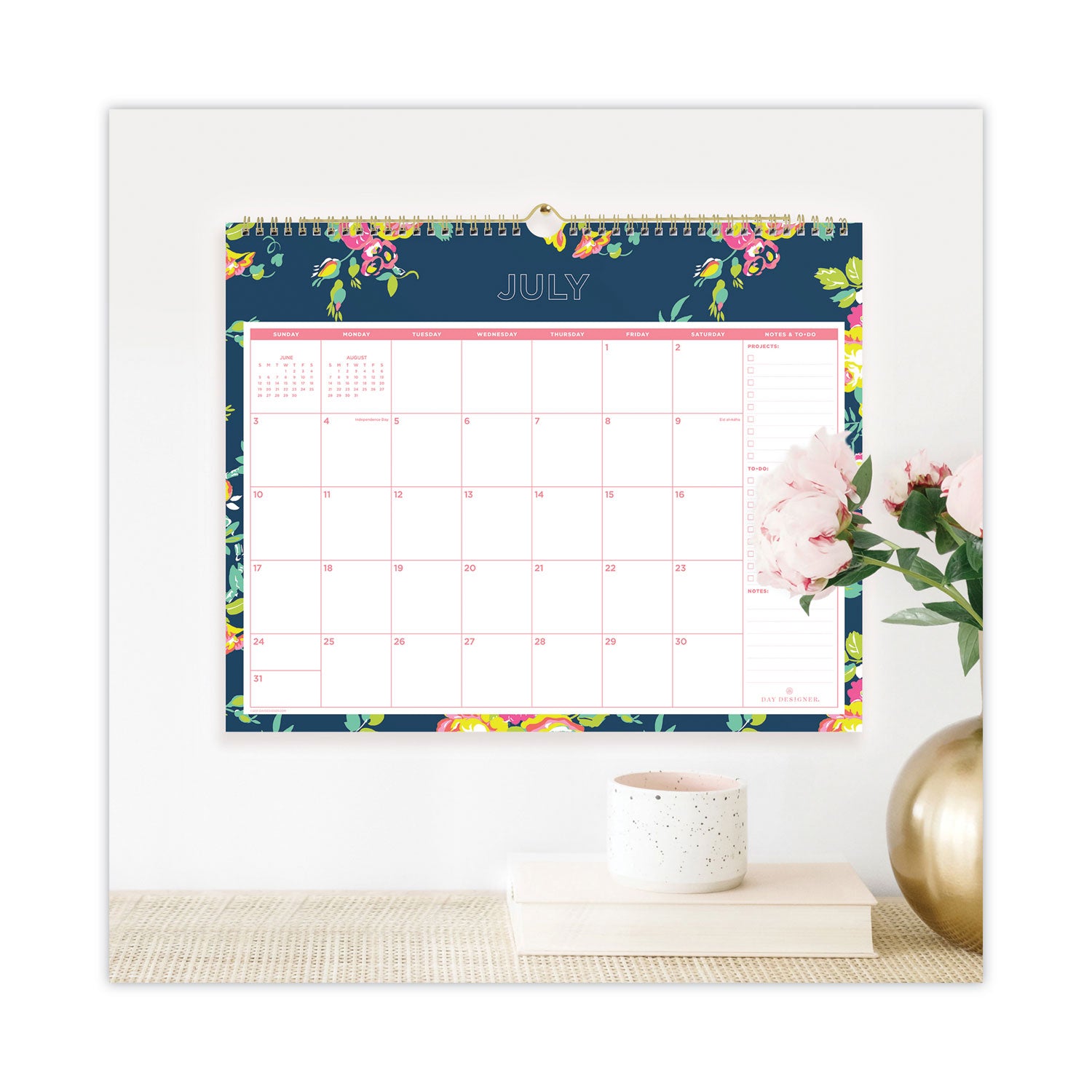 Day Designer Peyton Academic Wall Calendar, Floral Artwork, 15 x 12, White/Navy Sheets, 12-Month (July to June): 2023 to 2024
