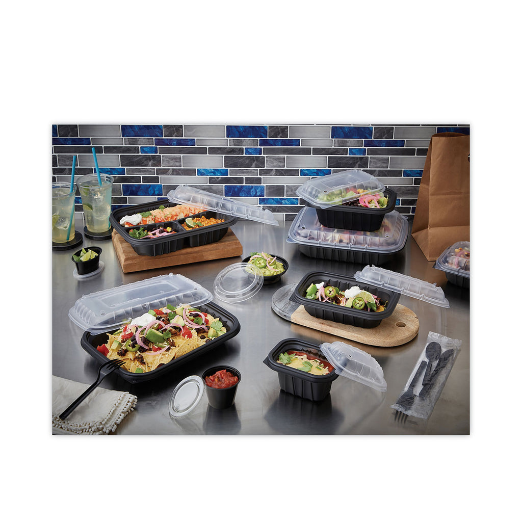 EarthChoice Entree2Go Takeout Container, 3-Compartment, 48 oz, 11.75 x 8.75 x 2.13, Black, Plastic, 200/Carton