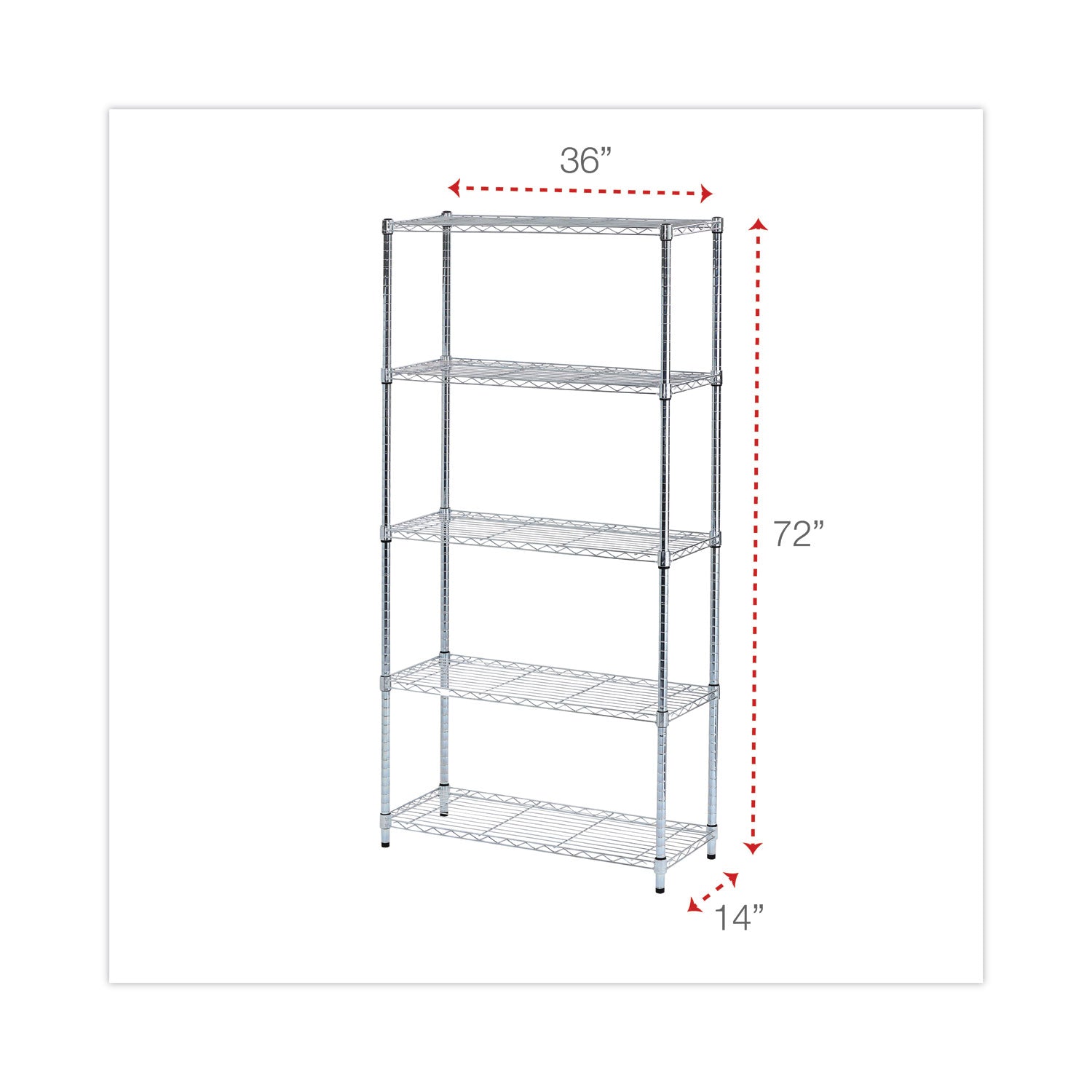 Residential Wire Shelving, Five-Shelf, 36w x 14d x 72h, Silver
