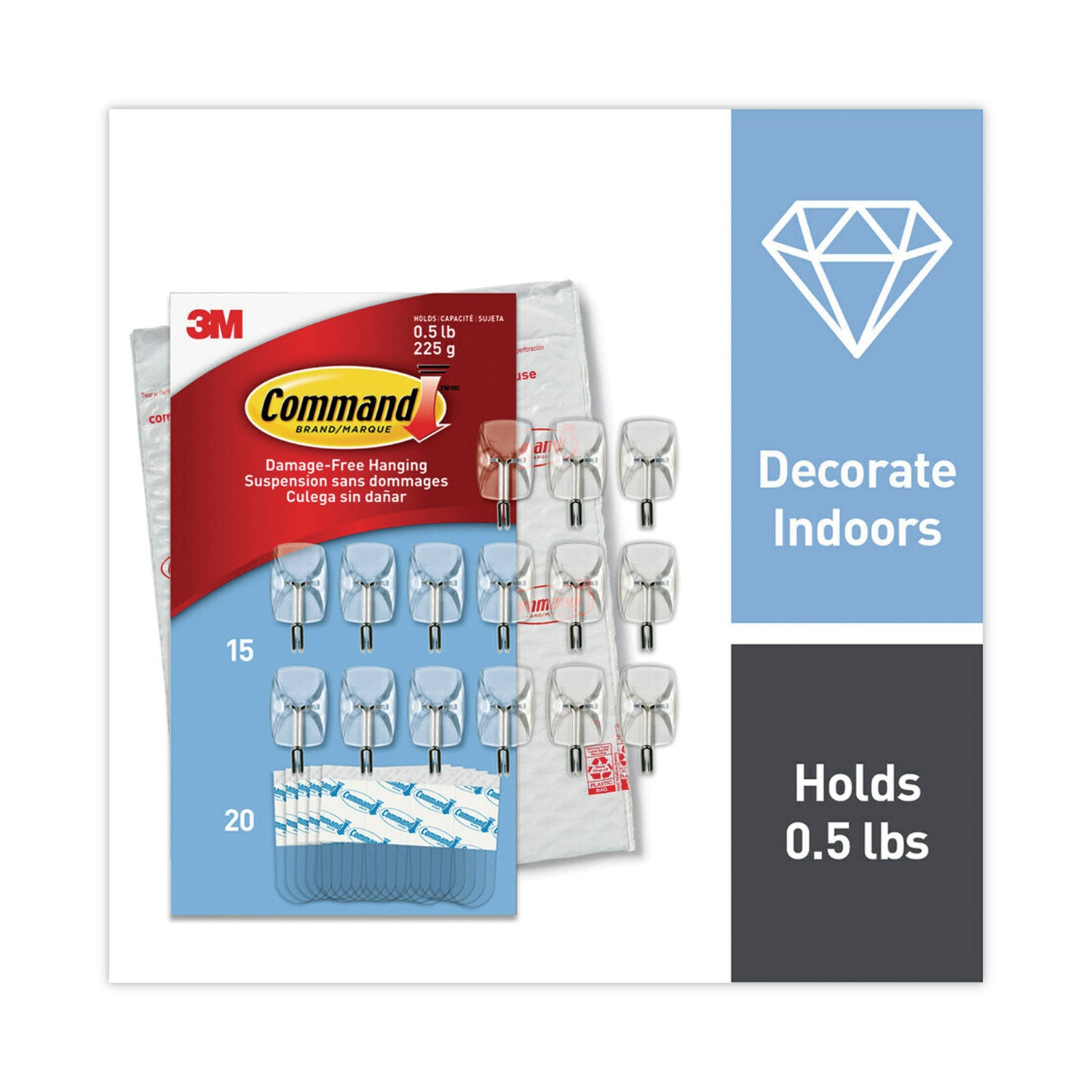 Small Wire Hooks, Small, Plastic/Metal, Clear, 0.5 lb Capacity, Clear, 15 Hooks and 20 Strips/Pack