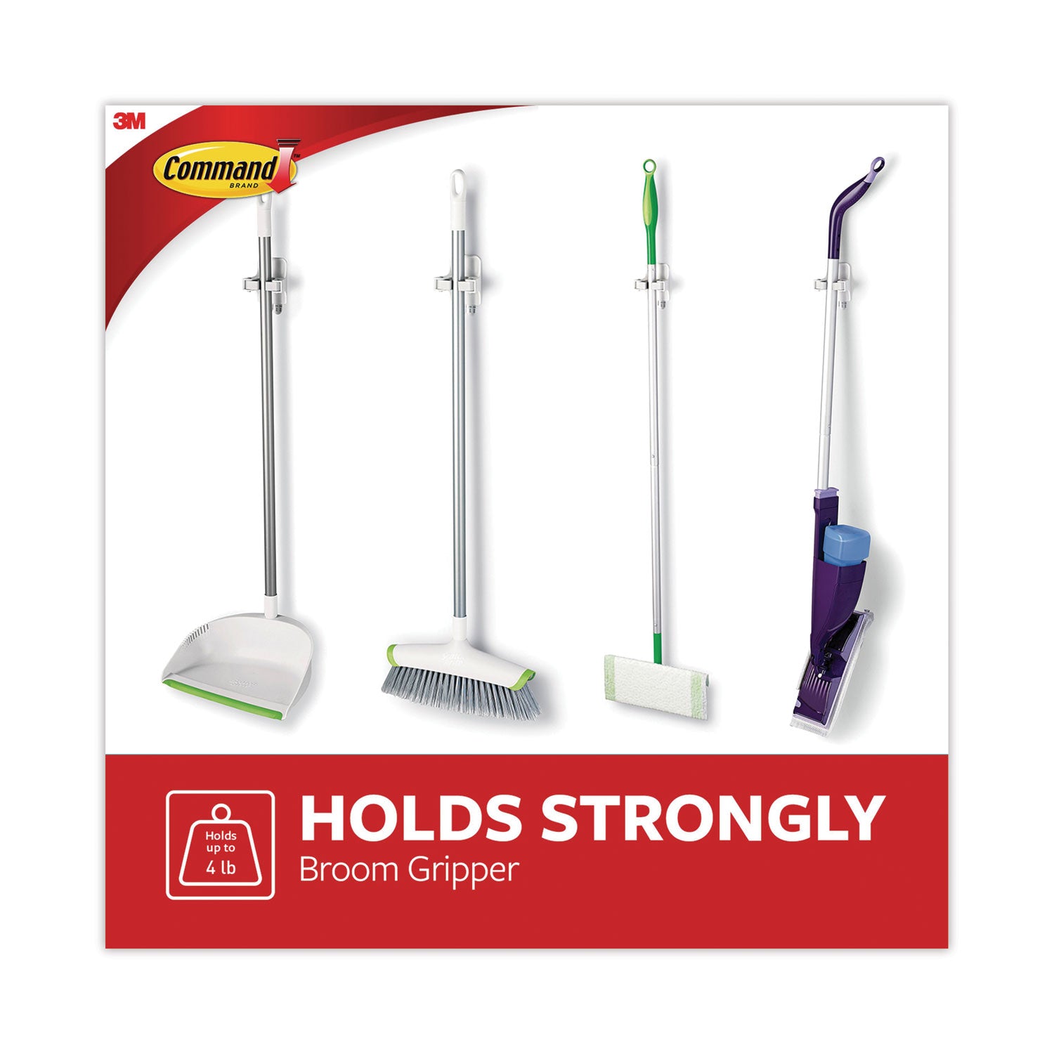 Broom Gripper, 3.12w x 1.85d x 3.34h, White/Gray, 3 Grippers/6 Strips