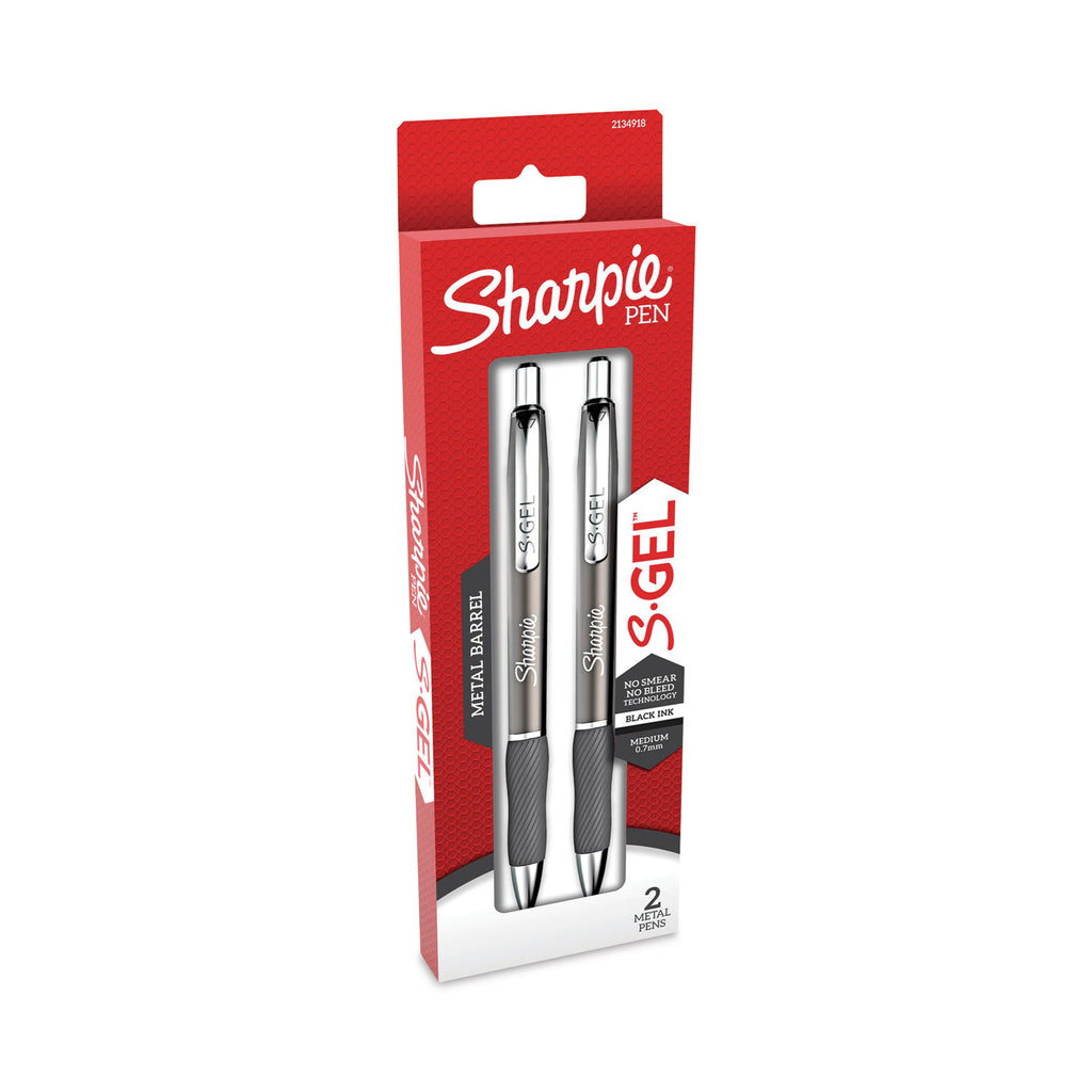 S-Gel Premium Metal Barrel Gel Pen, Retractable, Medium 0.7 mm, Black Ink, Black Barrel, 2/Pack