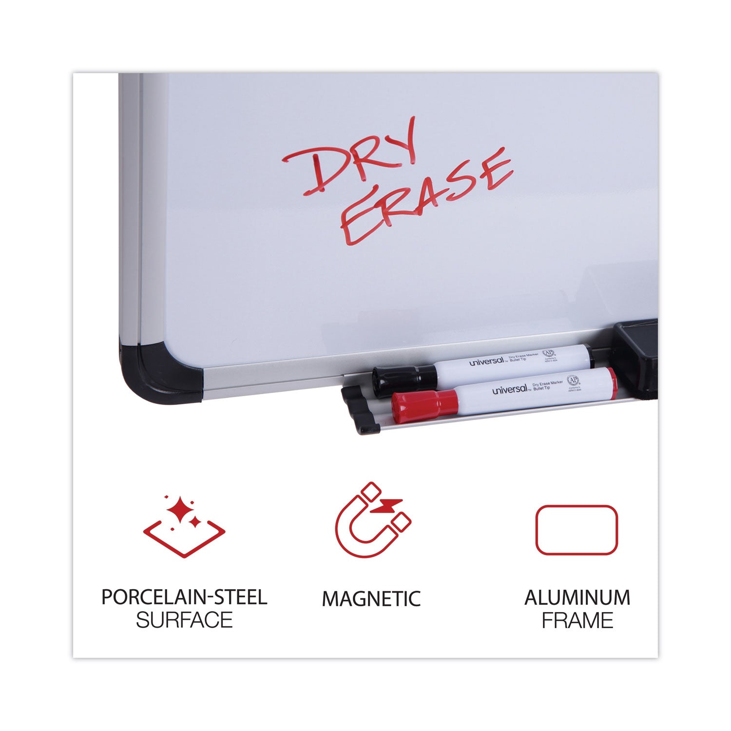 Deluxe Porcelain Magnetic Dry Erase Board, 48 x 36, White Surface, Silver/Black Aluminum Frame - 