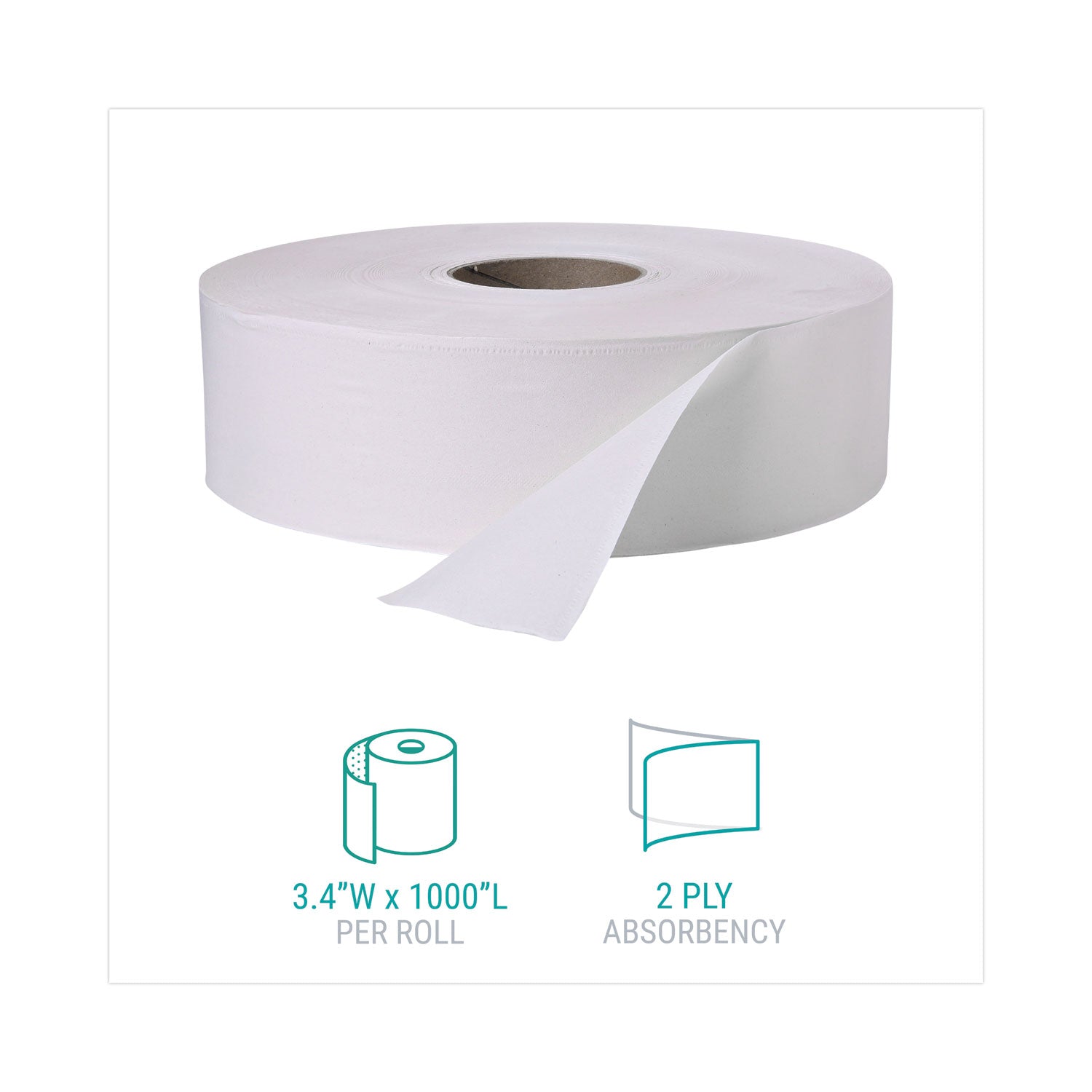 Jumbo Roll Bath Tissue, Septic Safe, 2 Ply, White, 3.4" x 1,000 ft, 12 Rolls/Carton - 