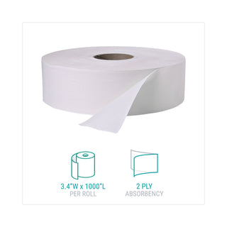 Jumbo Roll Bath Tissue, Septic Safe, 2 Ply, White, 3.4" x 1,000 ft, 12 Rolls/Carton - 