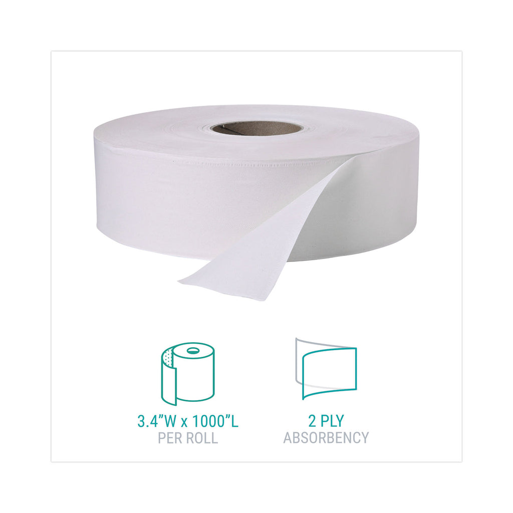 Jumbo Roll Bath Tissue, Septic Safe, 2 Ply, White, 3.4" x 1,000 ft, 12 Rolls/Carton