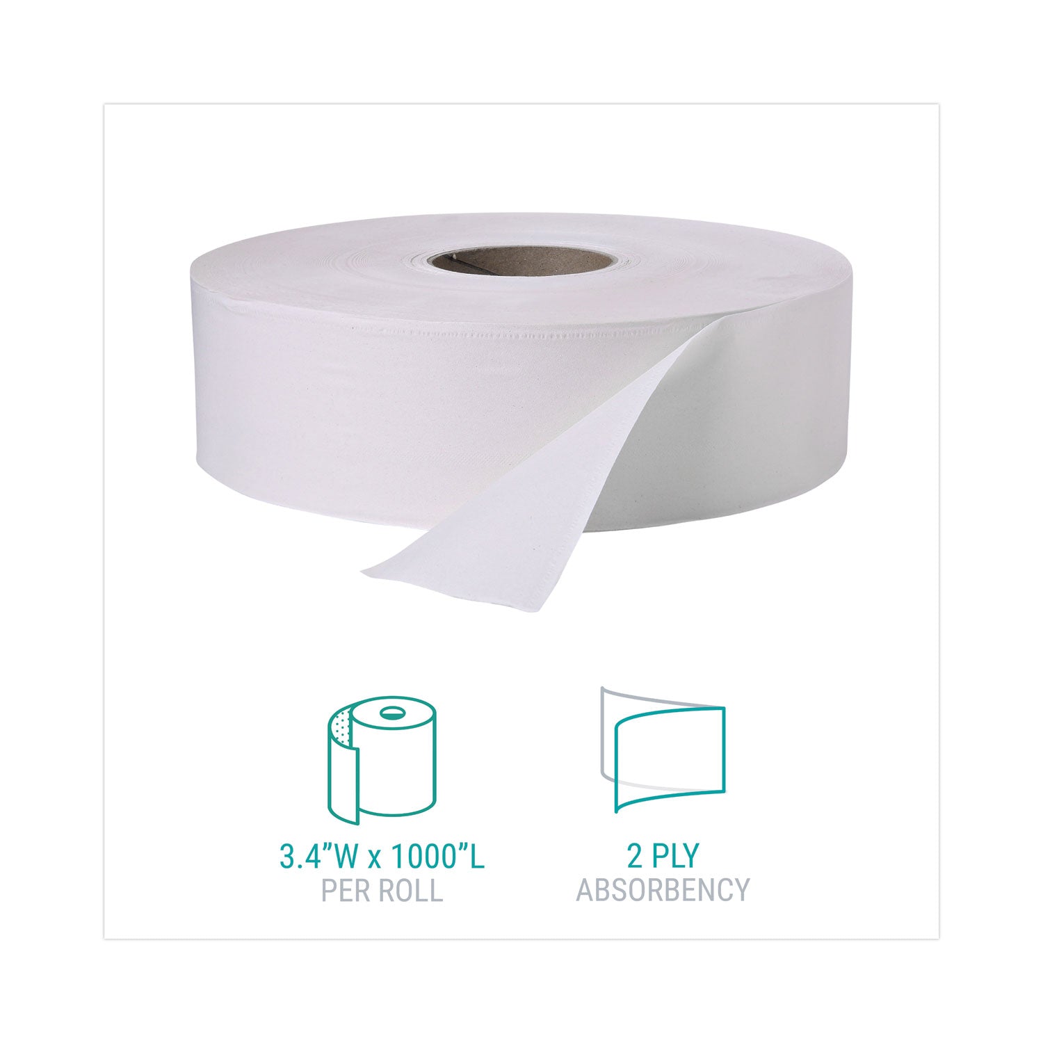 Jumbo Roll Bath Tissue, Septic Safe, 2 Ply, White, 3.4" x 1,000 ft, 12 Rolls/Carton