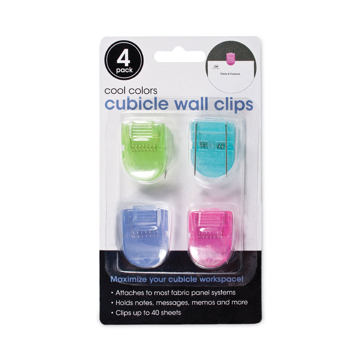 Advantus Brightly Colored Panel Wall Clips - Standard - 40 Sheet Capacity - 4 / Pack - Assorted - Plastic