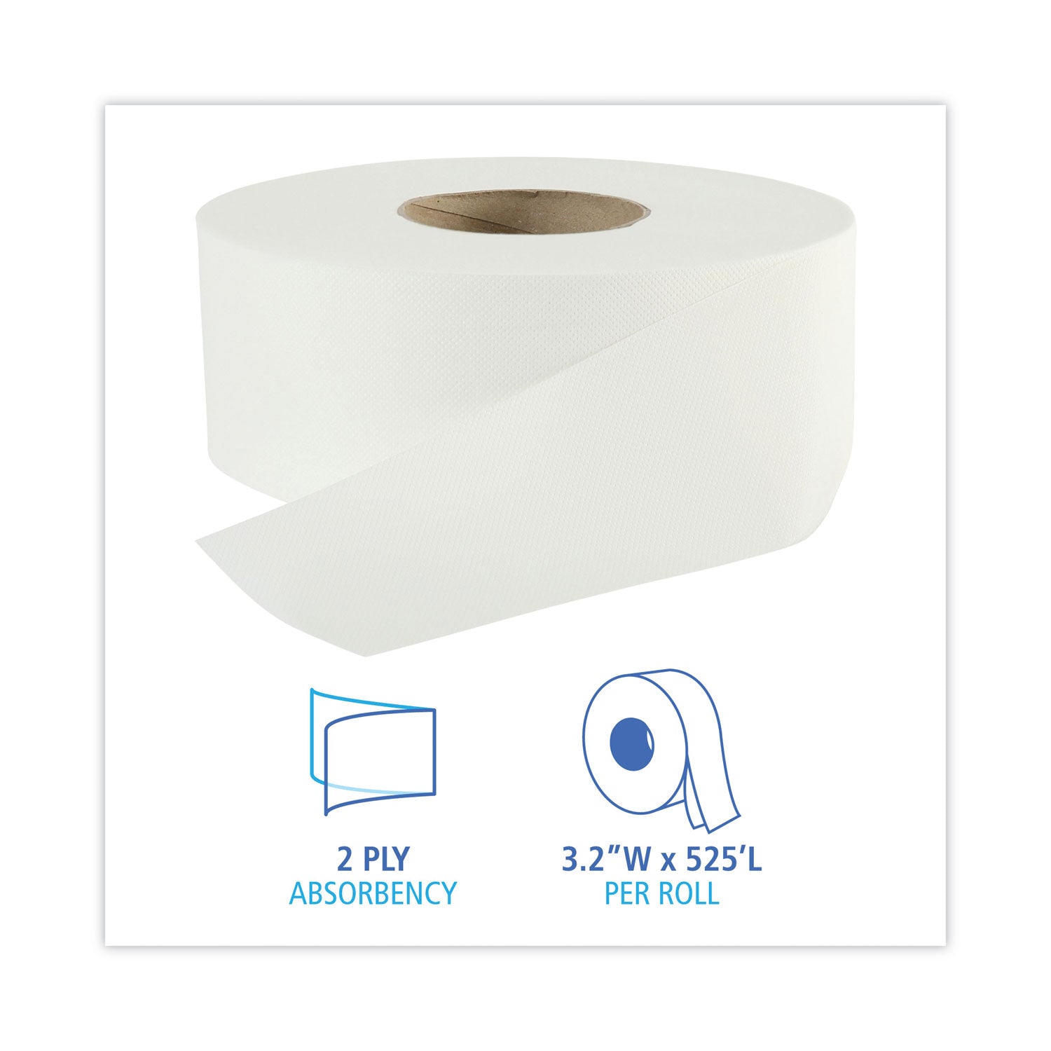 Jumbo Roll Bathroom Tissue, Septic Safe, 2-Ply, White, 3.2" x 525 ft, 12 Rolls/Carton - 