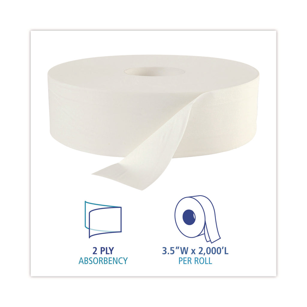 JRT Bath Tissue, Jumbo, Septic Safe, 2-Ply, White, 3.5" x 2,000 ft, 12" dia, 6 Rolls/Carton