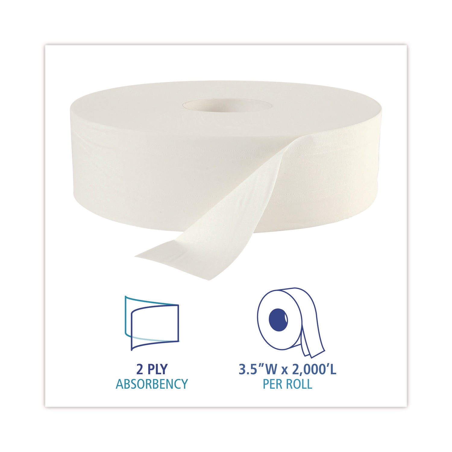 JRT Bath Tissue, Jumbo, Septic Safe, 2-Ply, White, 3.5" x 2,000 ft, 12" dia, 6 Rolls/Carton