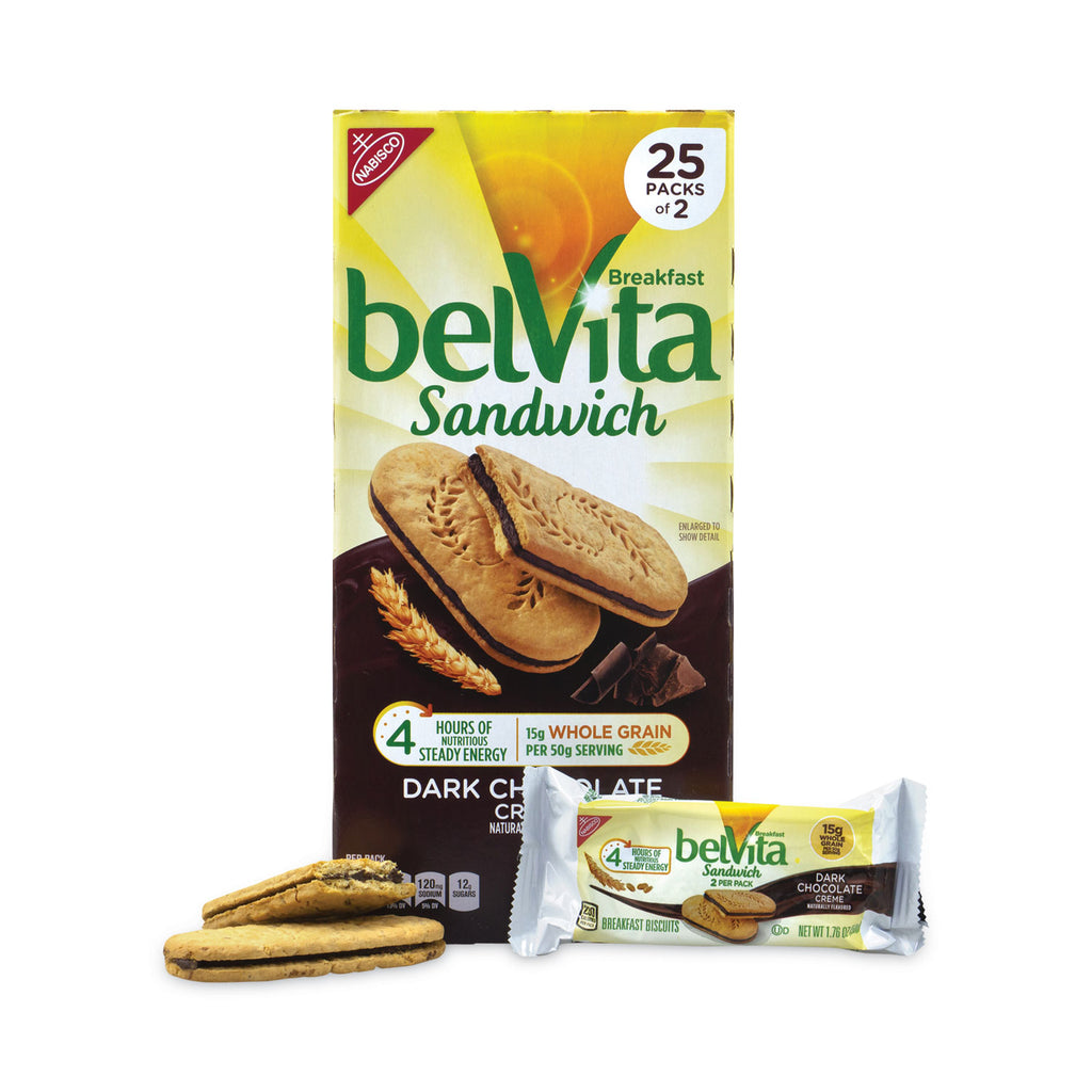 belVita Breakfast Biscuits, Dark Chocolate Creme Breakfast Sandwich, 1.76 oz Pack, 25 PK/Carton, Ships in 1-3 Business Days