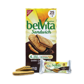belVita Breakfast Biscuits, Dark Chocolate Creme Breakfast Sandwich, 1.76 oz Pack, 25 PK/Carton, Ships in 1-3 Business Days